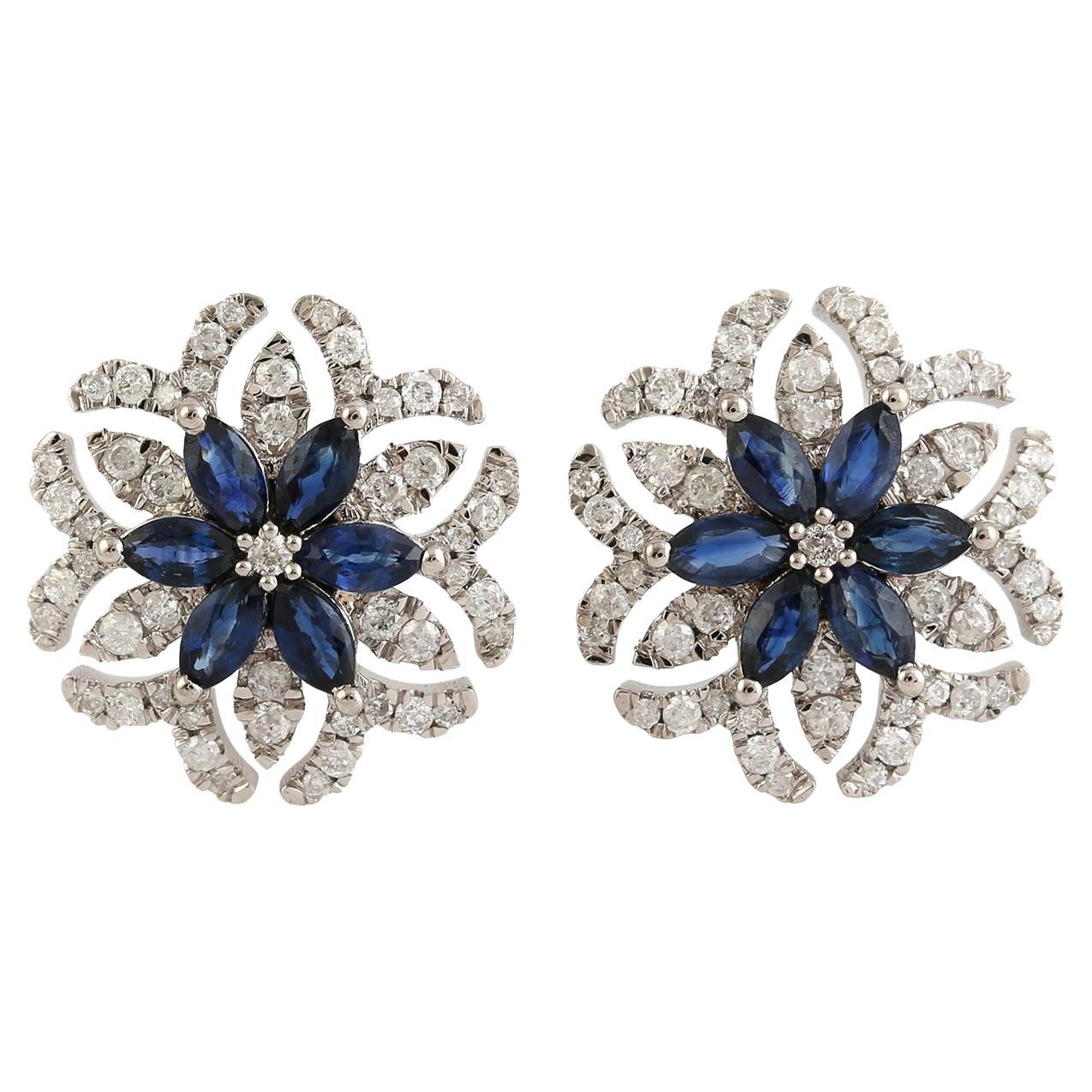 Flower Shaped Blue Sapphire & Diamonds Earrings Made in 18k White Gold