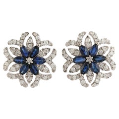 Flower Shaped Blue Sapphire & Diamonds Earrings Made in 18k White Gold