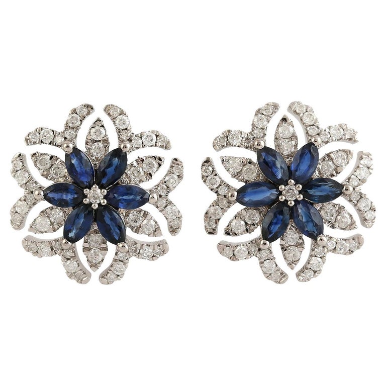 Flower Shaped Blue Sapphire and Diamonds Earrings Made in 18k White