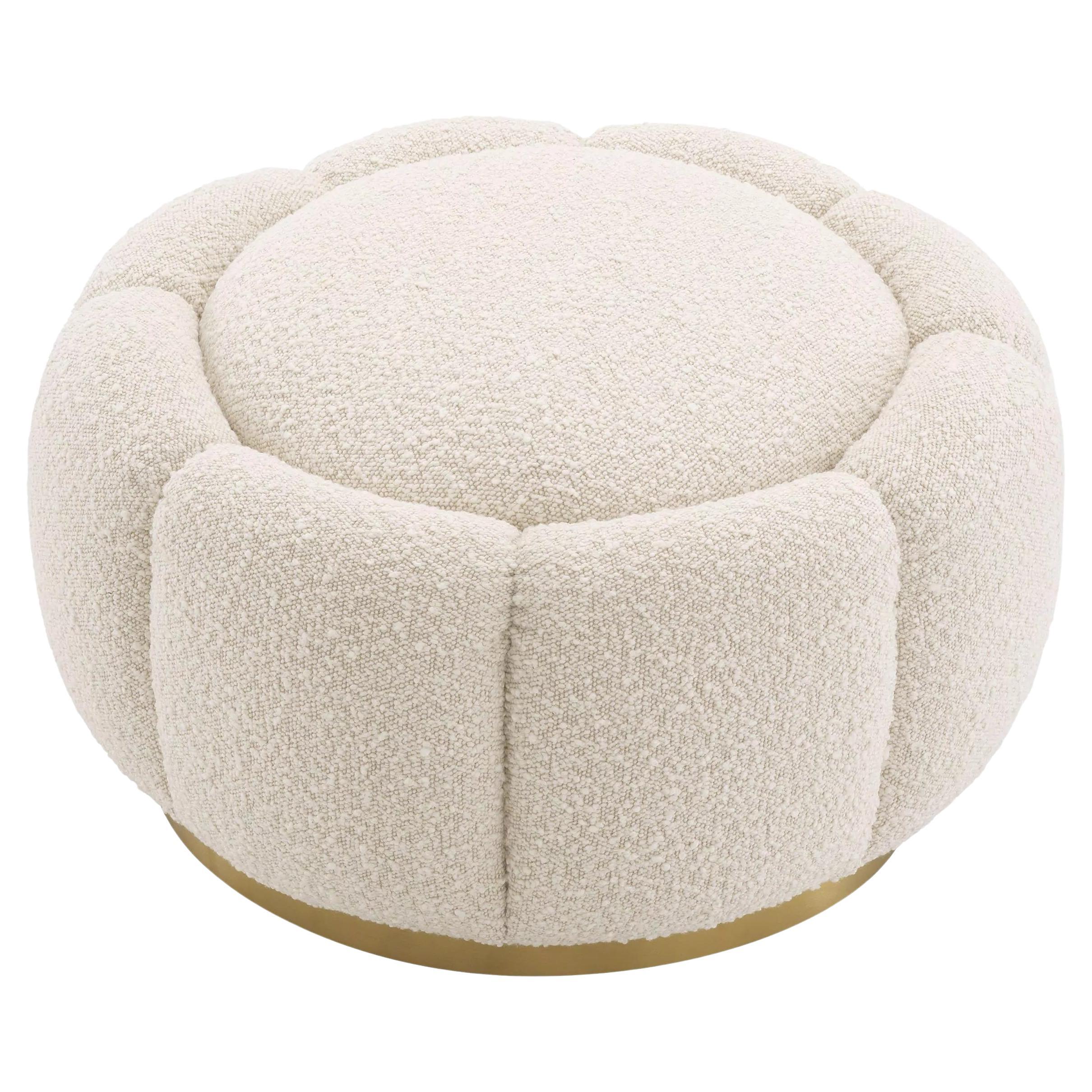 Flower Shaped Bouclé Fabric and Brass Swivel Stool or Ottoman For Sale