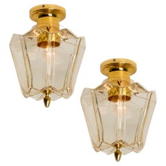 Flower Shaped Clear Glass and Brass Flush Mounts by Limburg, 1970