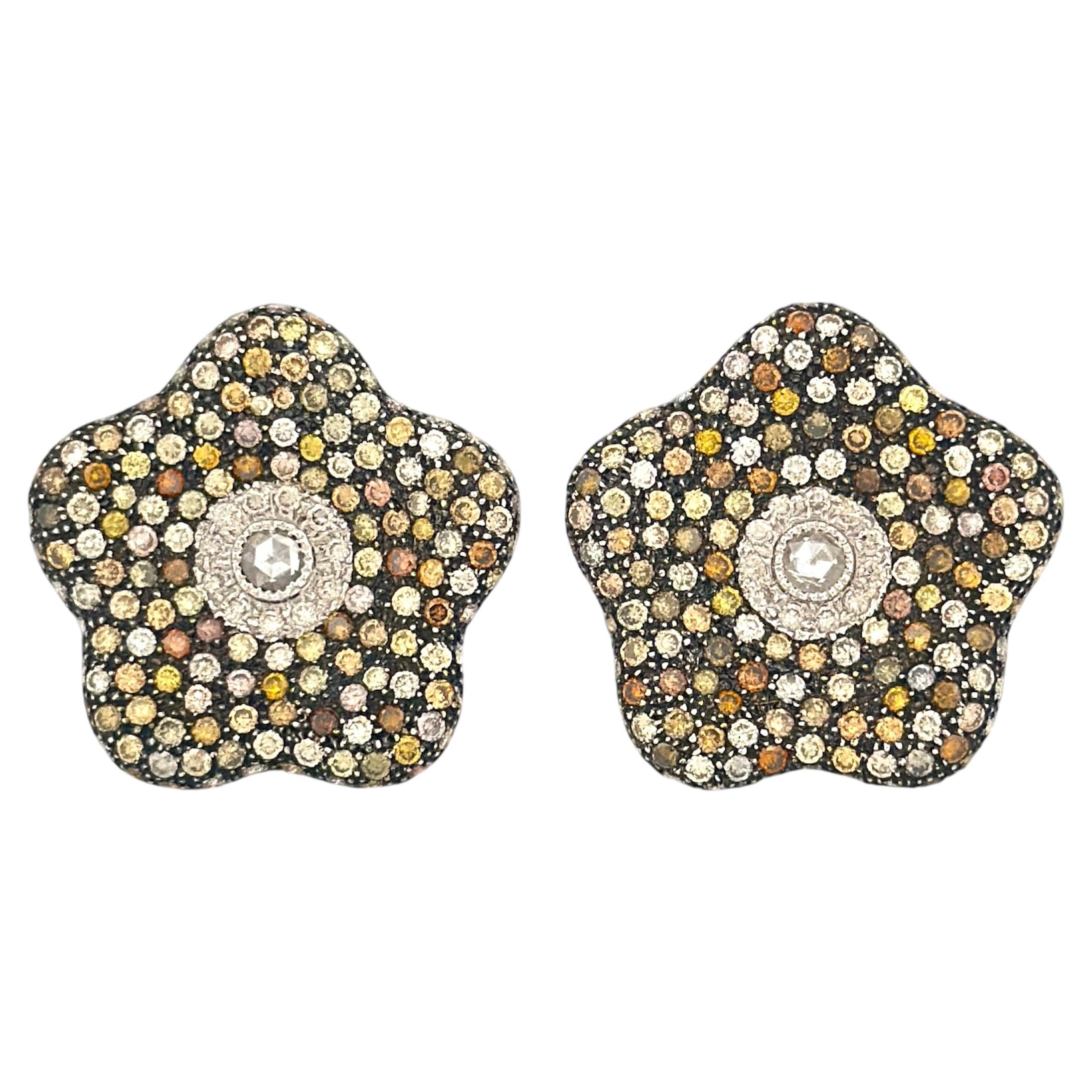 Flower Shaped Color Diamond Earrings For Sale