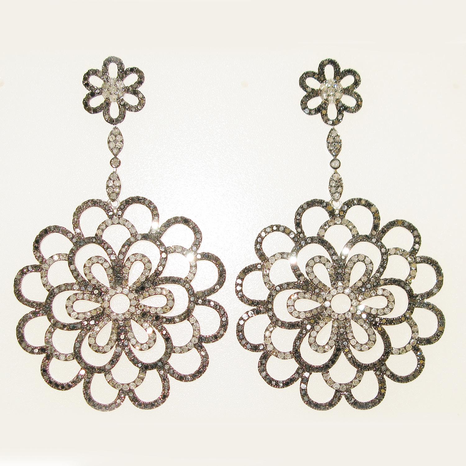 Artisan Flower Shaped Dangle Earrings With Pave Diamonds For Sale