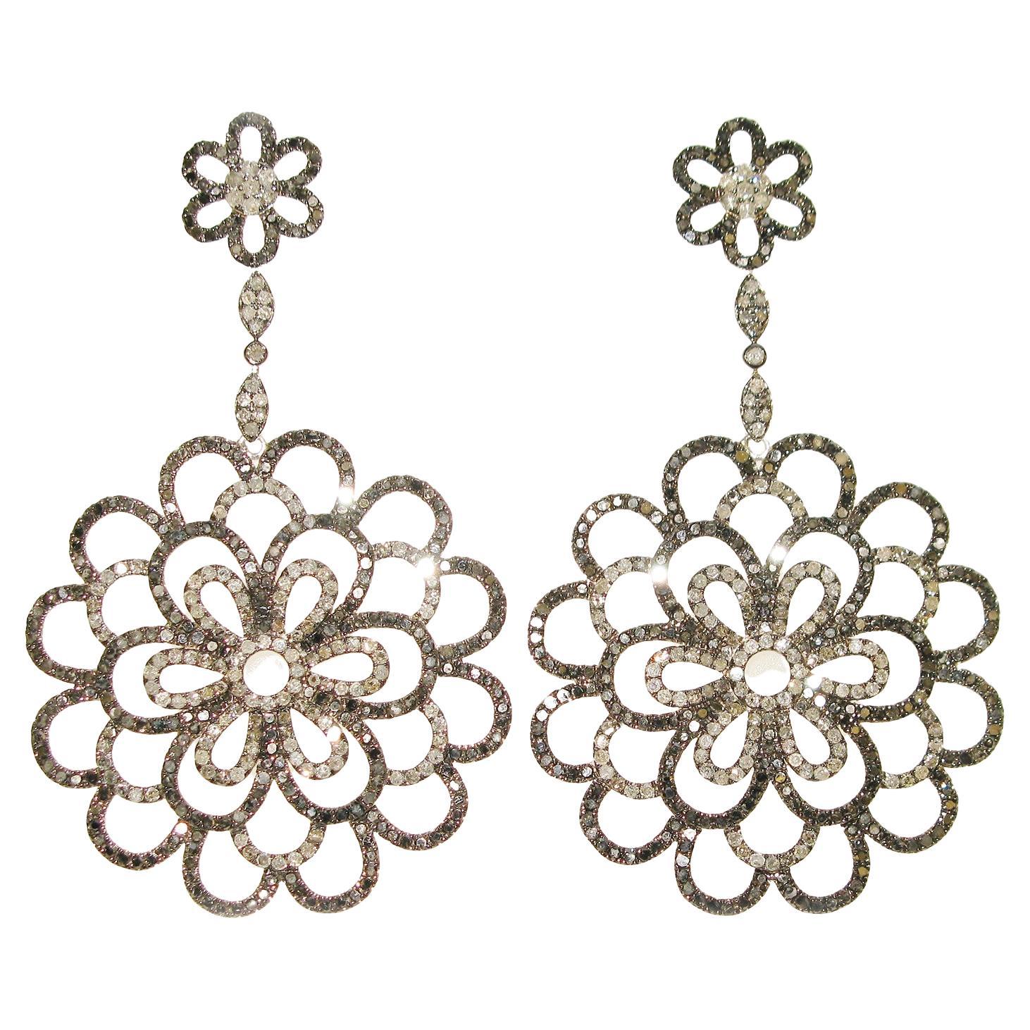 Flower Shaped Dangle Earrings With Pave Diamonds For Sale