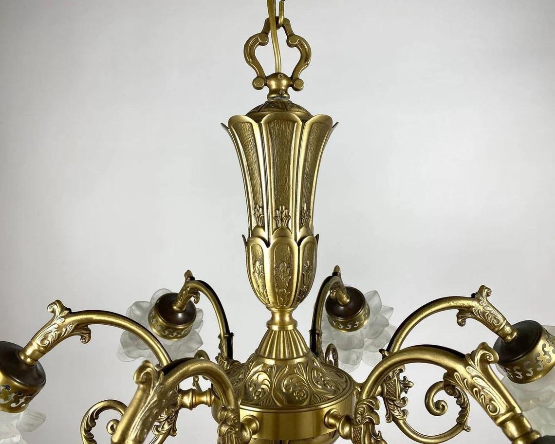 Brass Flower-Shaped Glass Belgian Chandelier, 1970s