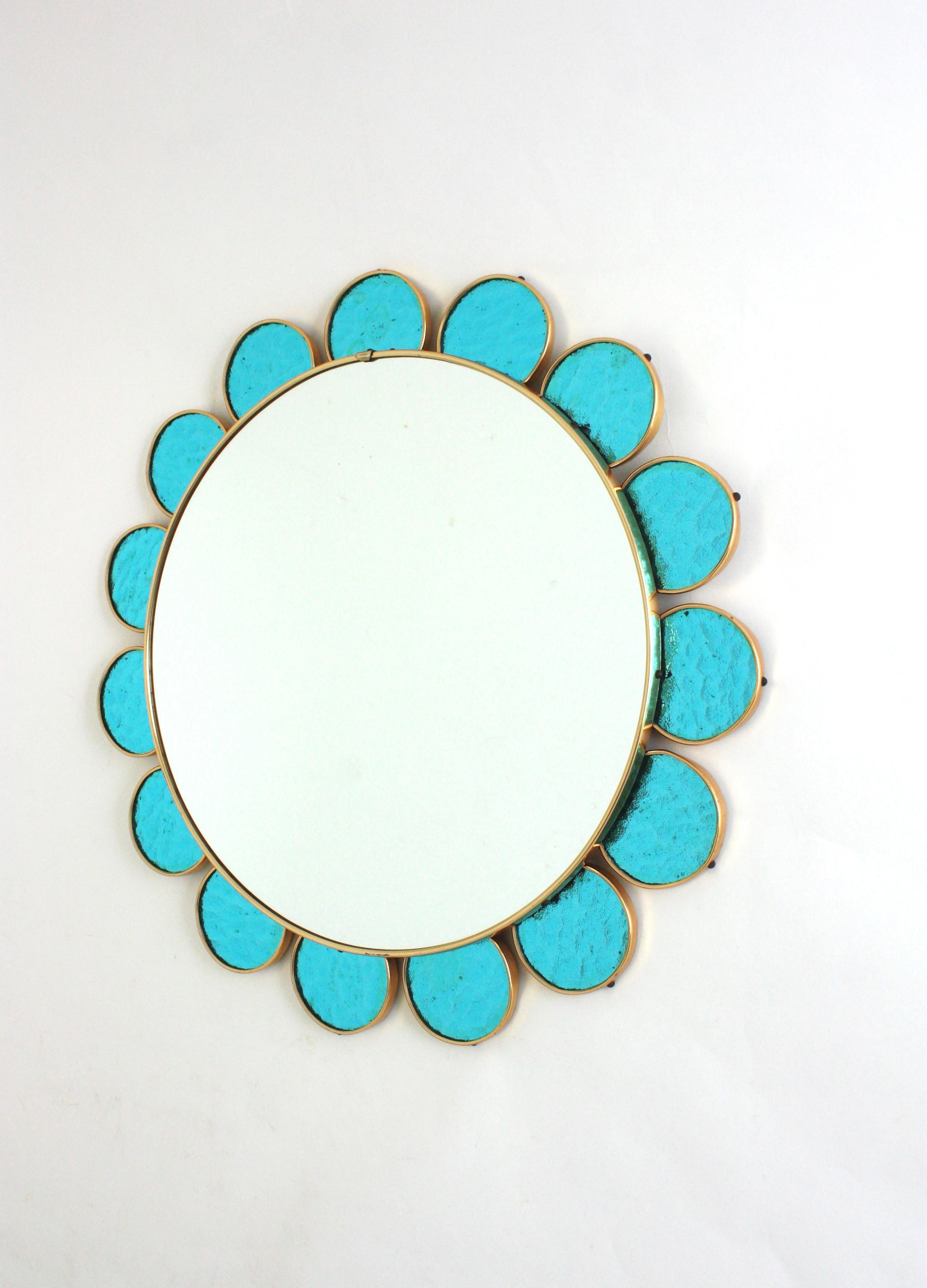 Flower Shaped Mirror in Blue Glass and Gilt Metal, 1950s For Sale 3