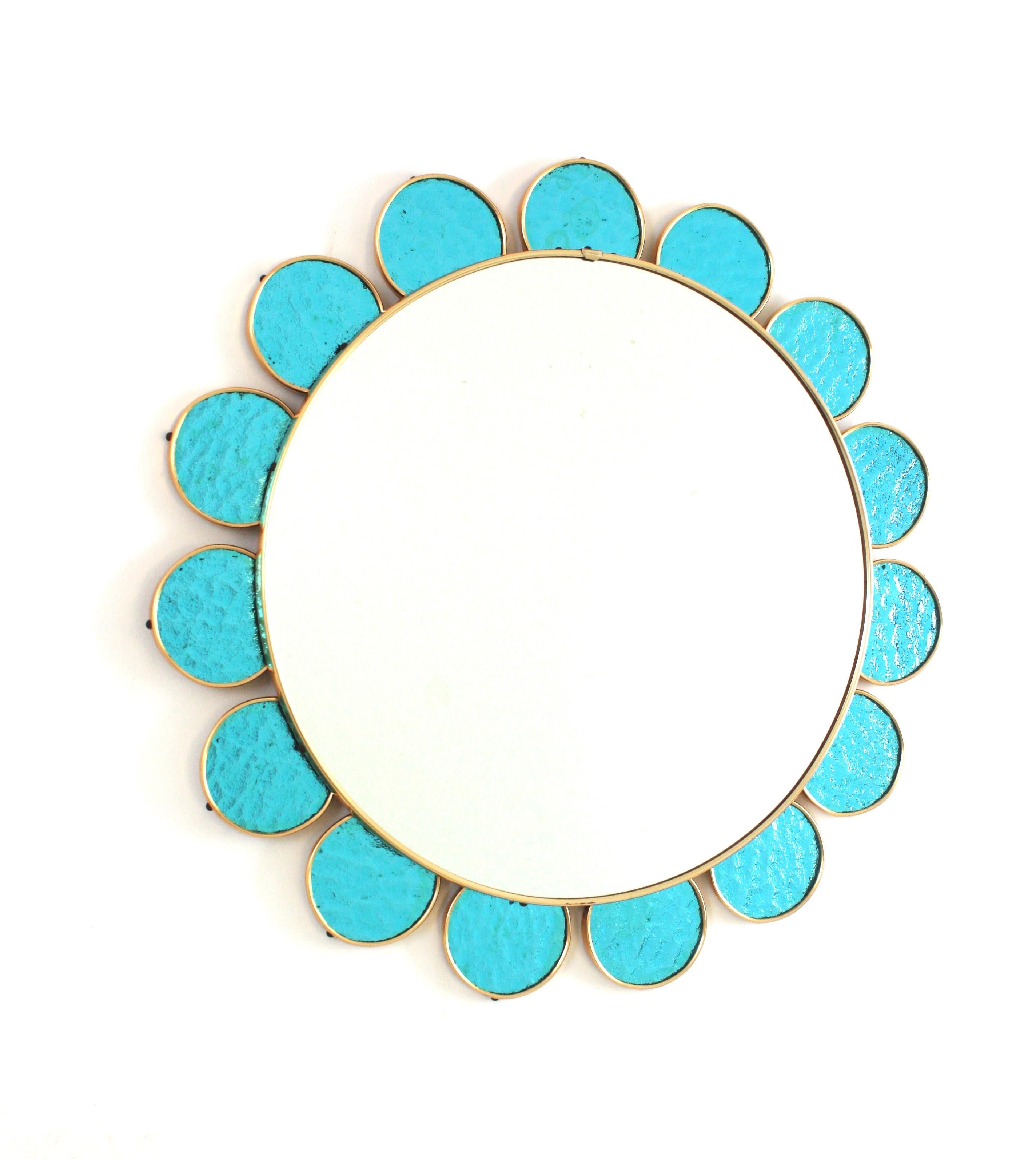 Colorful Flower Mirror, Blue Glass, Brass 
____________________________________________________________________________
Midcentury Flower Burst Mirror with Blue Glass Petals
Eye-catching flower burst mirror with petals frame made with pieces of