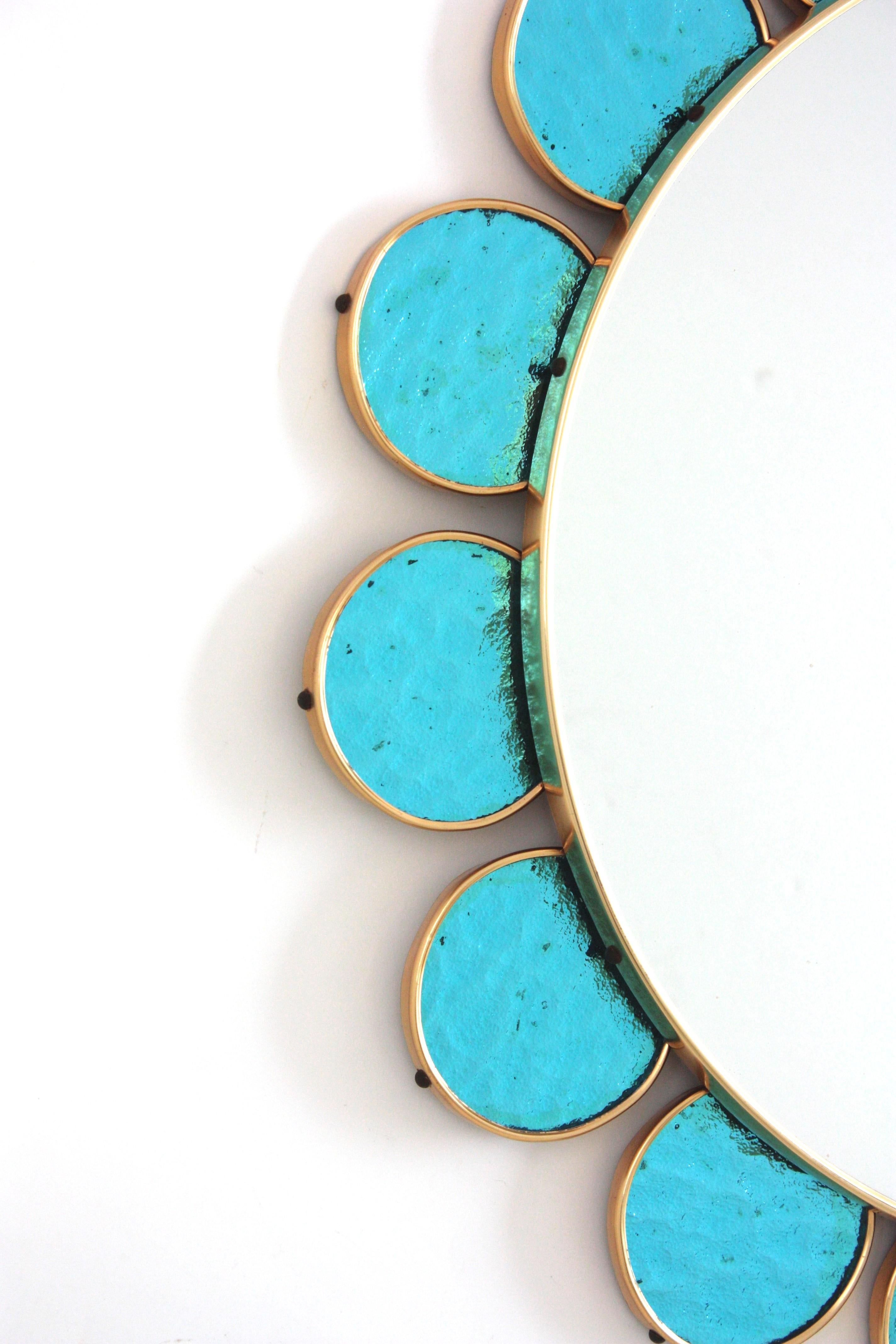 Mid-Century Modern Flower Shaped Mirror in Blue Glass and Gilt Metal, 1950s For Sale