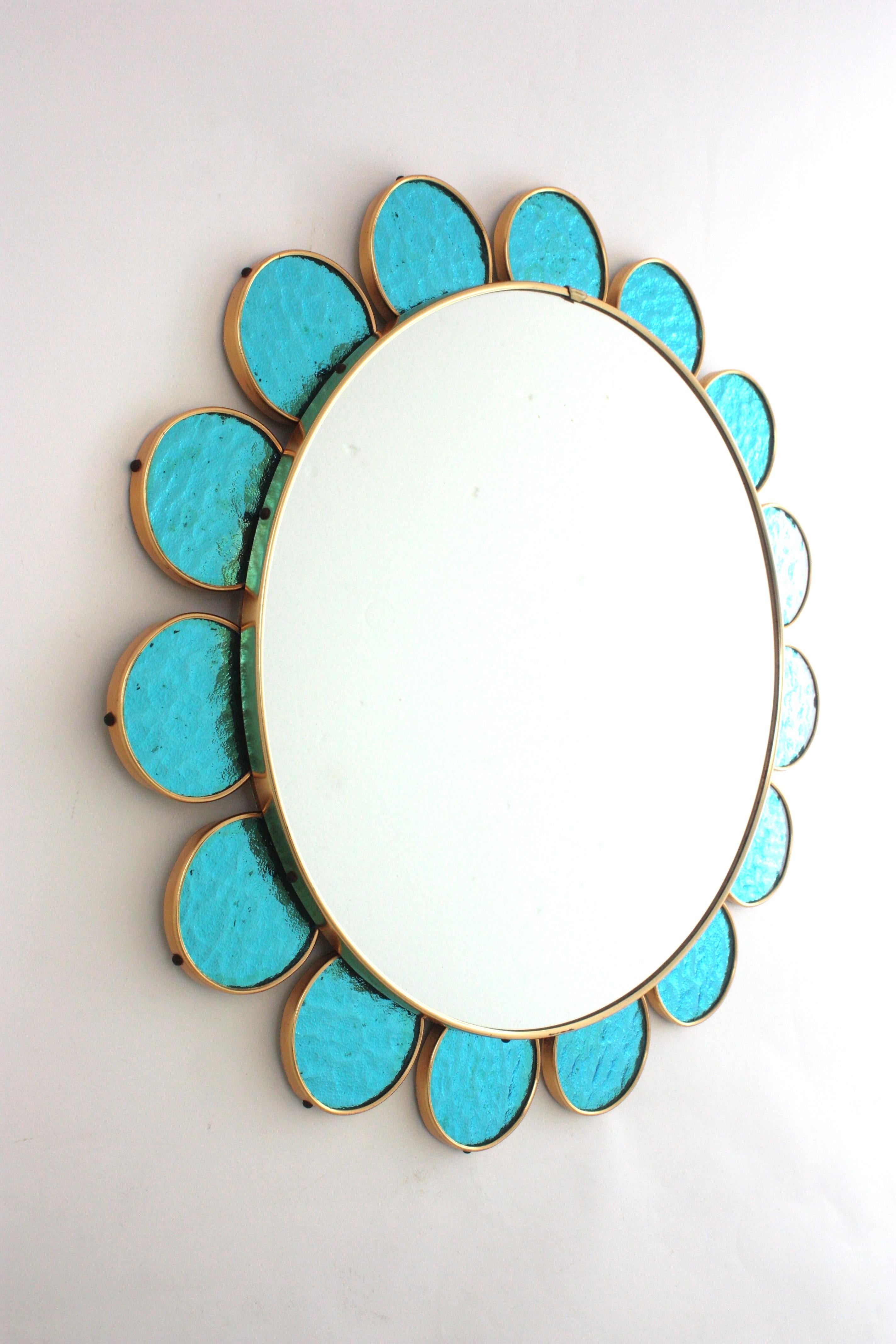 Spanish Flower Shaped Mirror in Blue Glass and Gilt Metal, 1950s For Sale