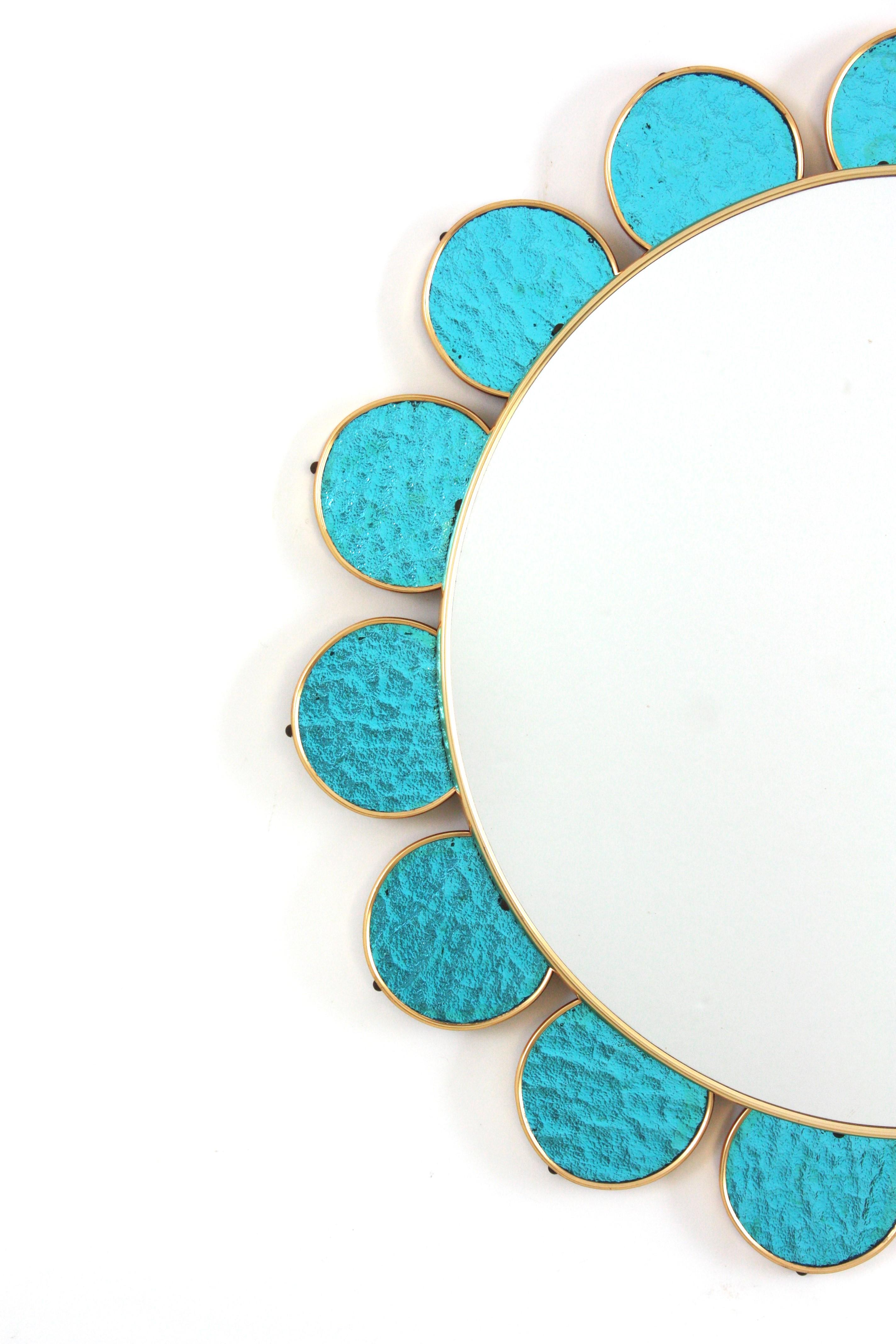 Hand-Crafted Flower Shaped Mirror in Blue Glass and Gilt Metal, 1950s For Sale