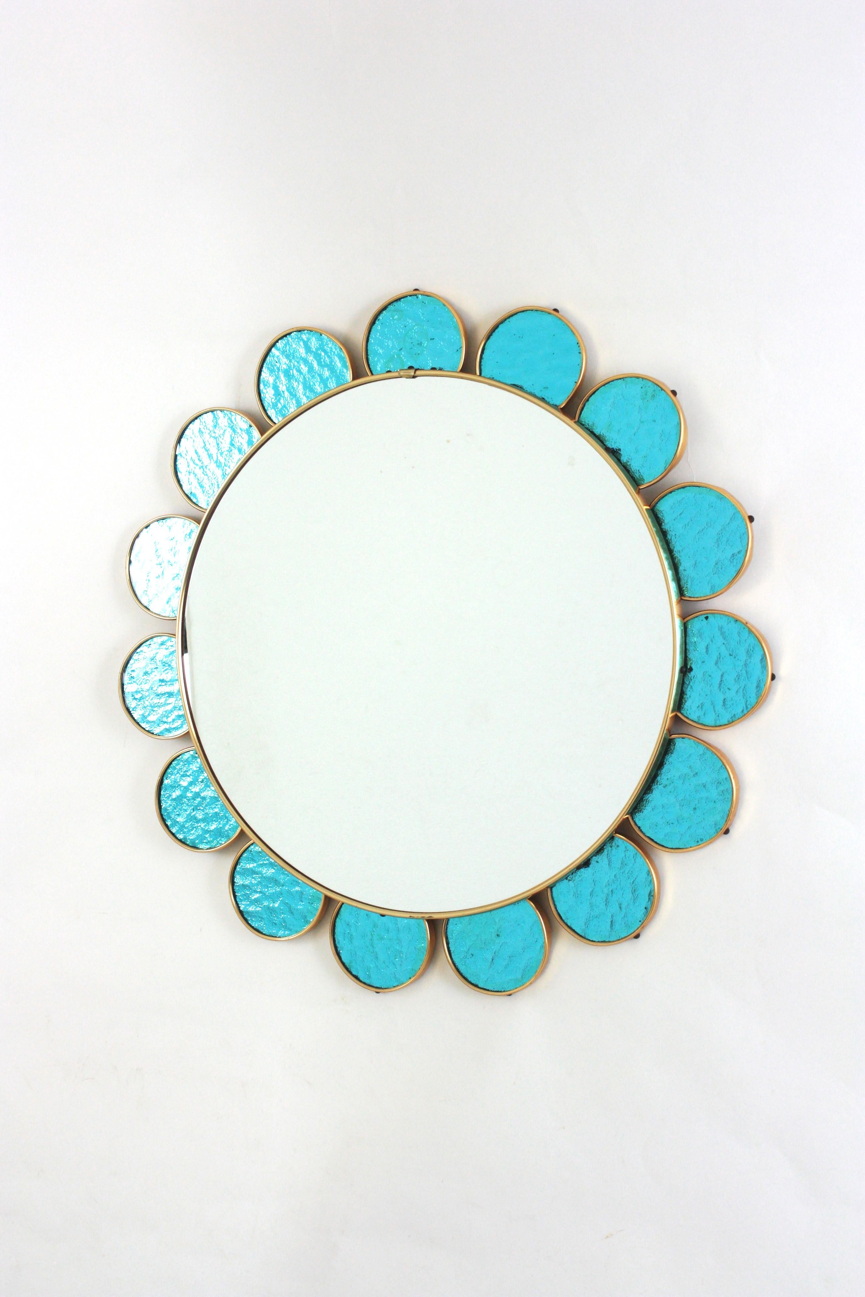 20th Century Flower Shaped Mirror in Blue Glass and Gilt Metal, 1950s For Sale