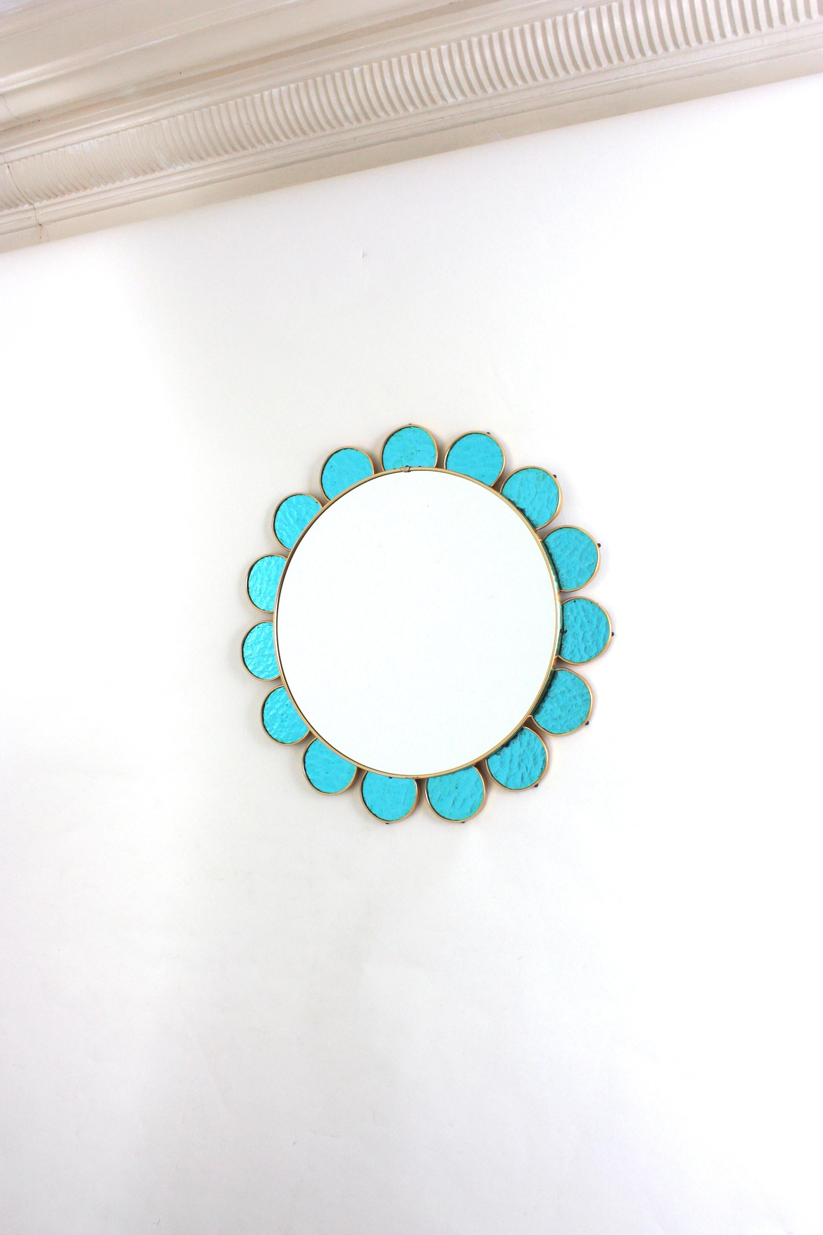 Flower Shaped Mirror in Blue Glass and Gilt Metal, 1950s For Sale 1