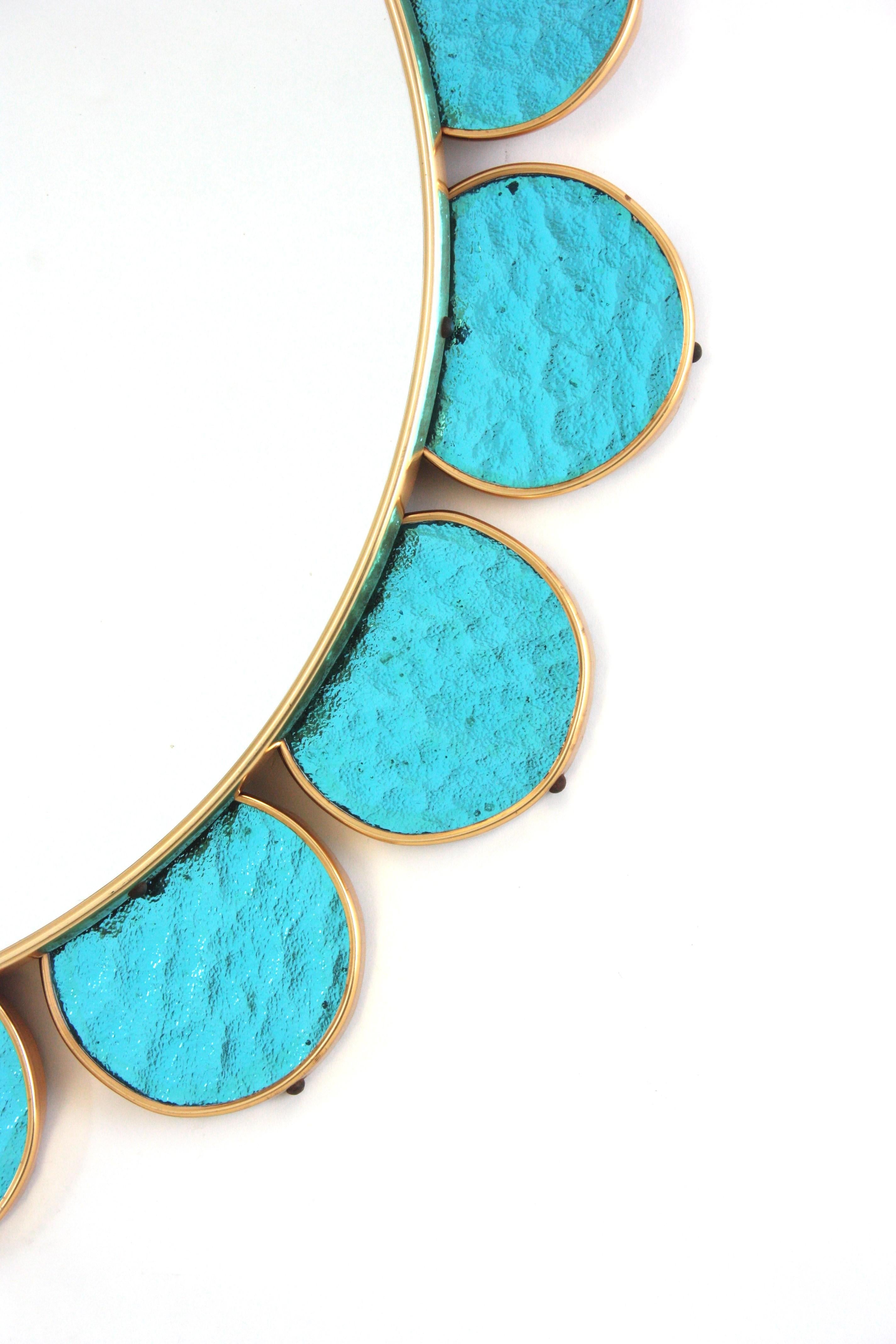 Flower Shaped Mirror in Blue Glass and Gilt Metal, 1950s For Sale 2
