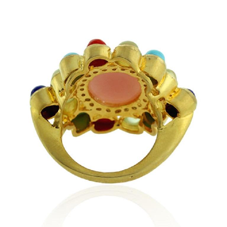 Contemporary Flower Shaped Multi Stone Ring With Diamonds Made In 18k Gold For Sale