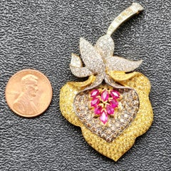 Flower Shaped Multicolor Diamond and Ruby Brooch Pendent