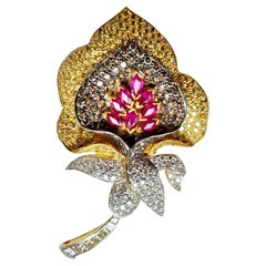 Flower Shaped Multicolor Diamond and Ruby Brooch Pendent