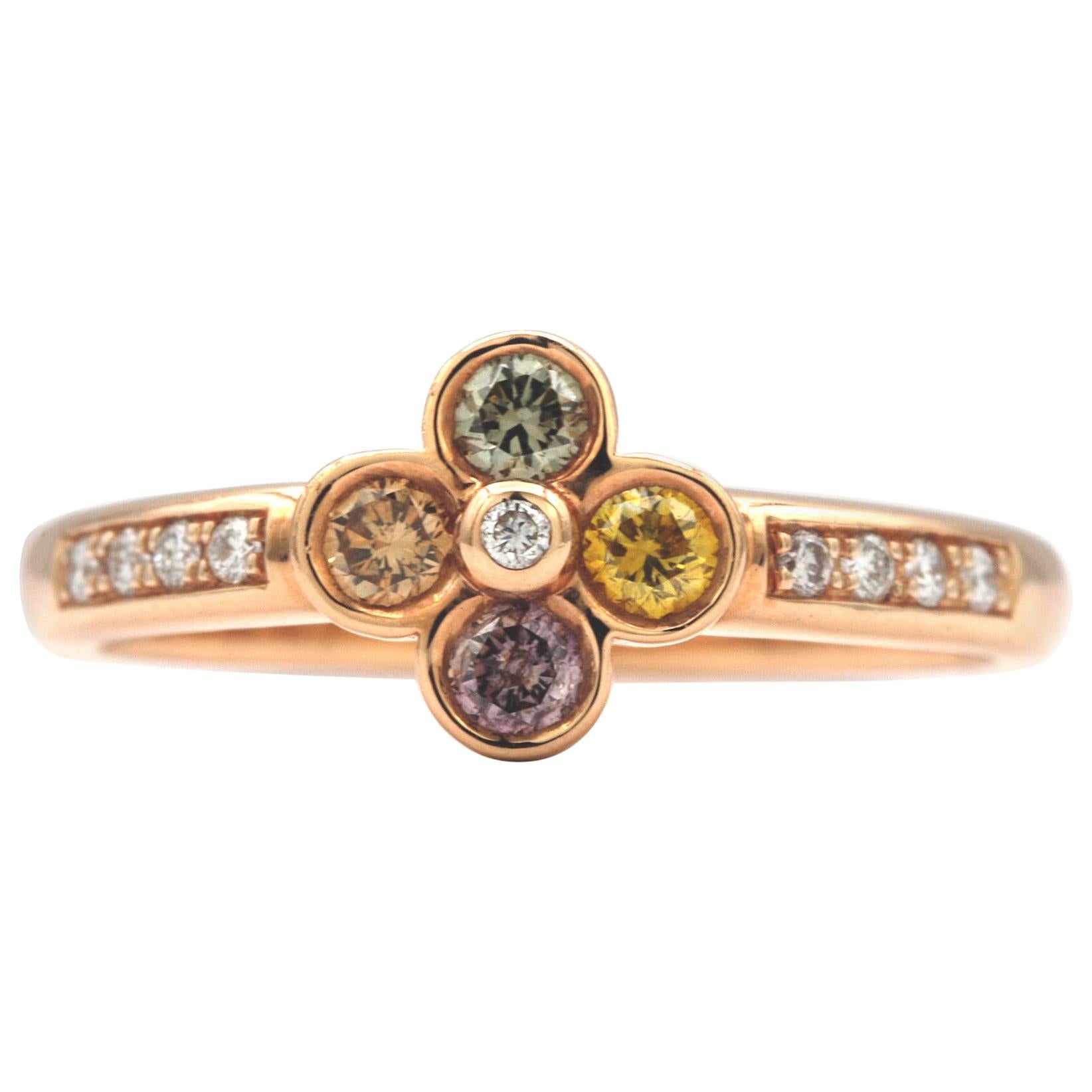 Flower Shaped Multicolored Diamond Ring in 18 Karat Rose Gold For Sale