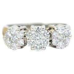 Flower Shaped Natural Diamond 1.10 CT Three-Stone Halo 18K White Gold Ring