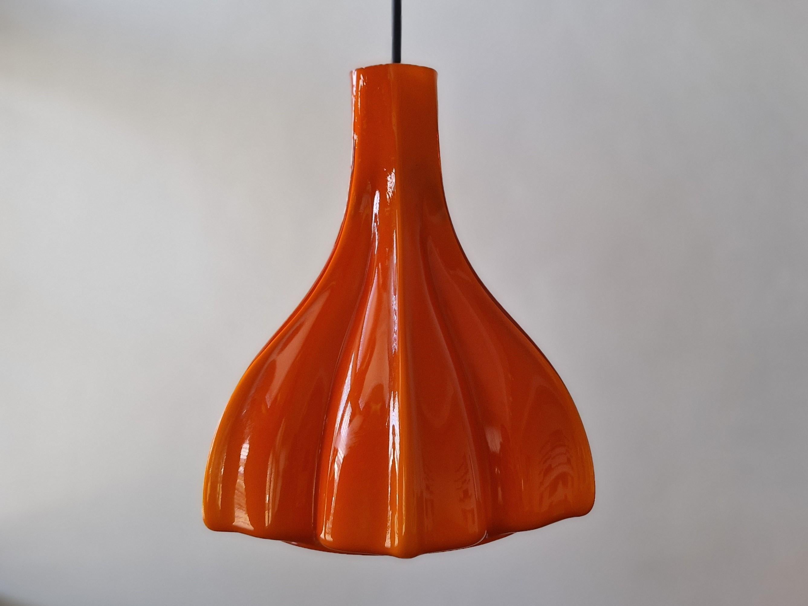 Mid-Century Modern Flower Shaped Orange Glass Pendant Lamp by Peill & Putzler, Germany, 1960s/1970s For Sale
