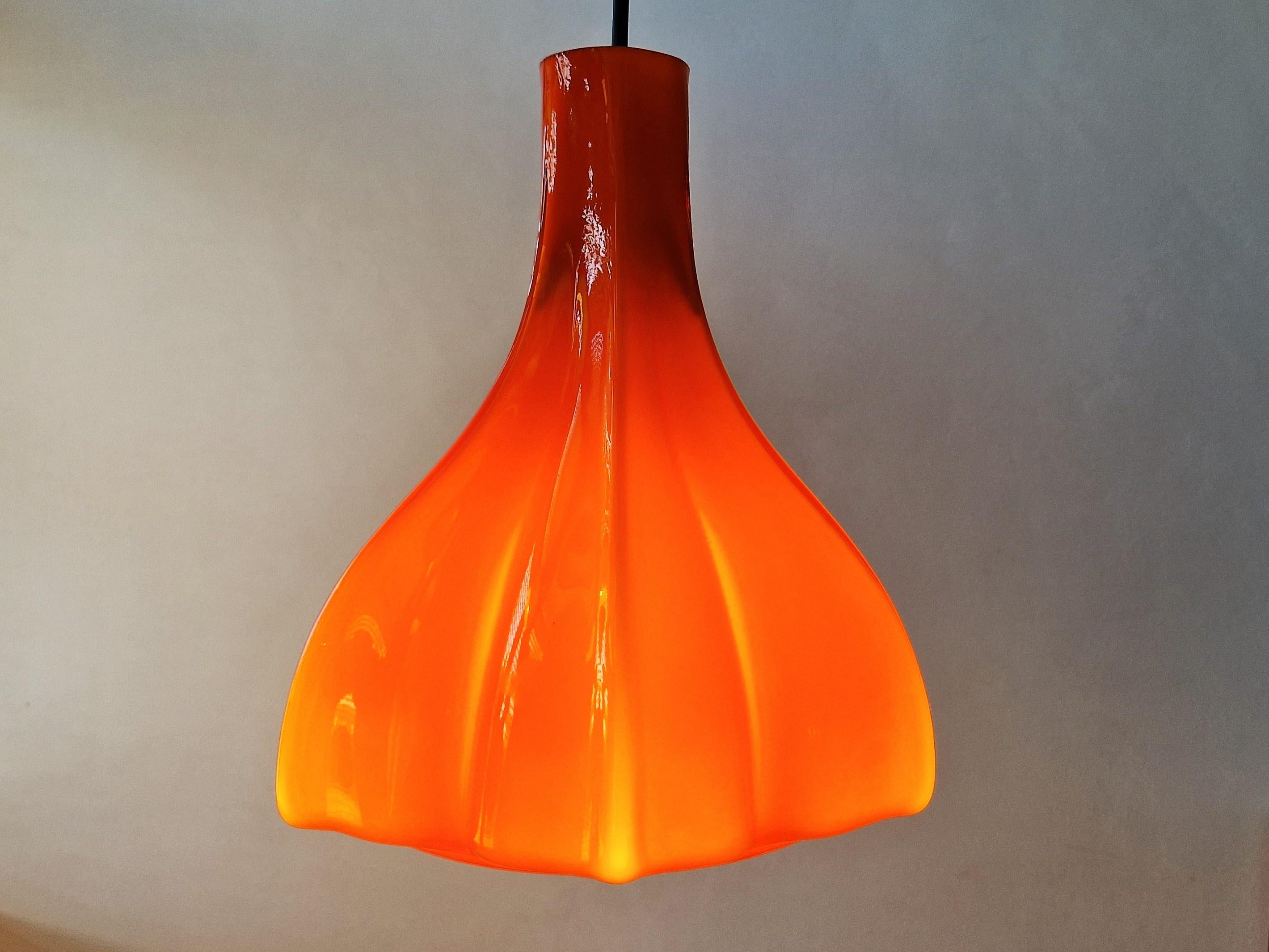 Mid-20th Century Flower Shaped Orange Glass Pendant Lamp by Peill & Putzler, Germany, 1960s/1970s For Sale