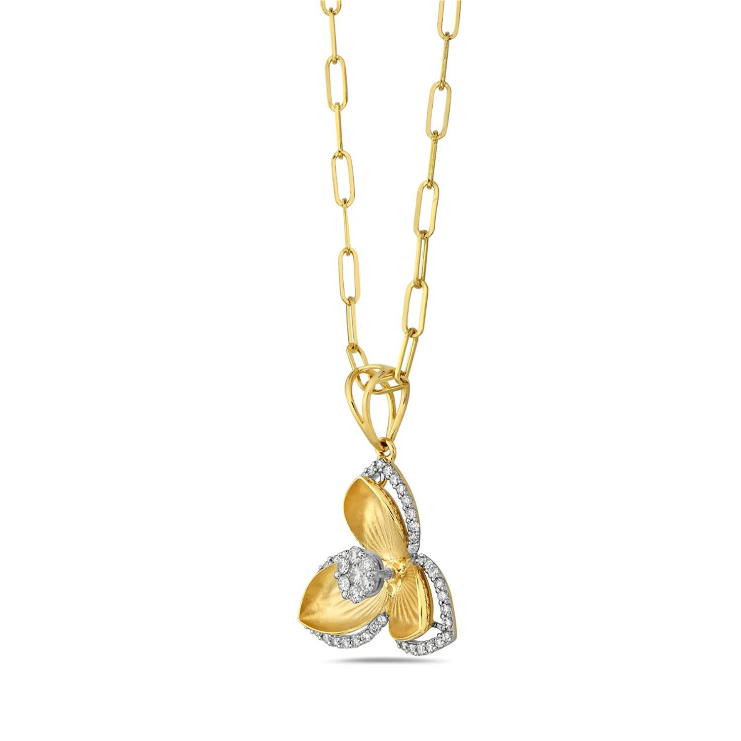 Artisan Flower Shaped Pendant with Carved Petals Equipped with Halo Diamonds in 14k Gold For Sale