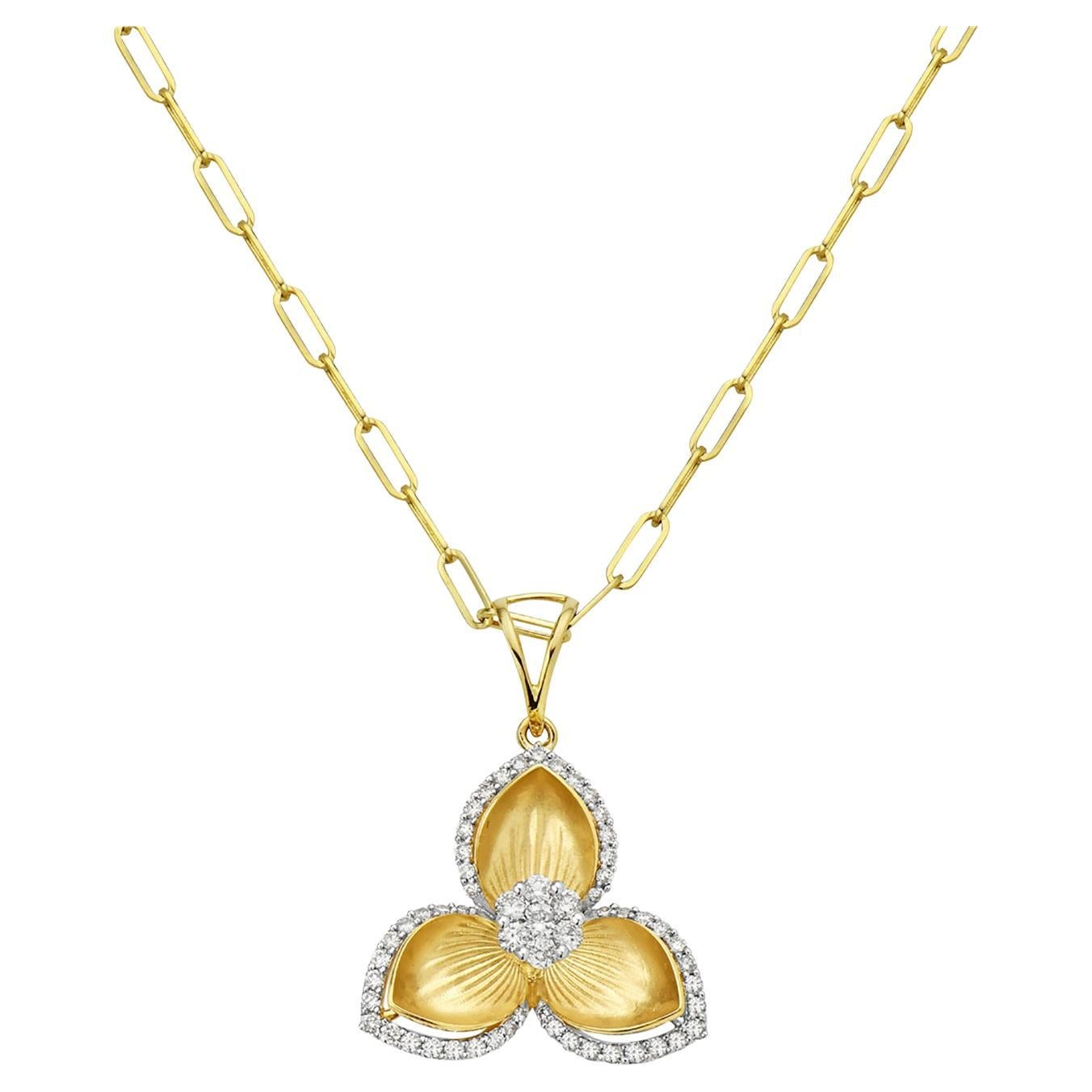 Flower Shaped Pendant with Carved Petals Equipped with Halo Diamonds in 14k Gold For Sale