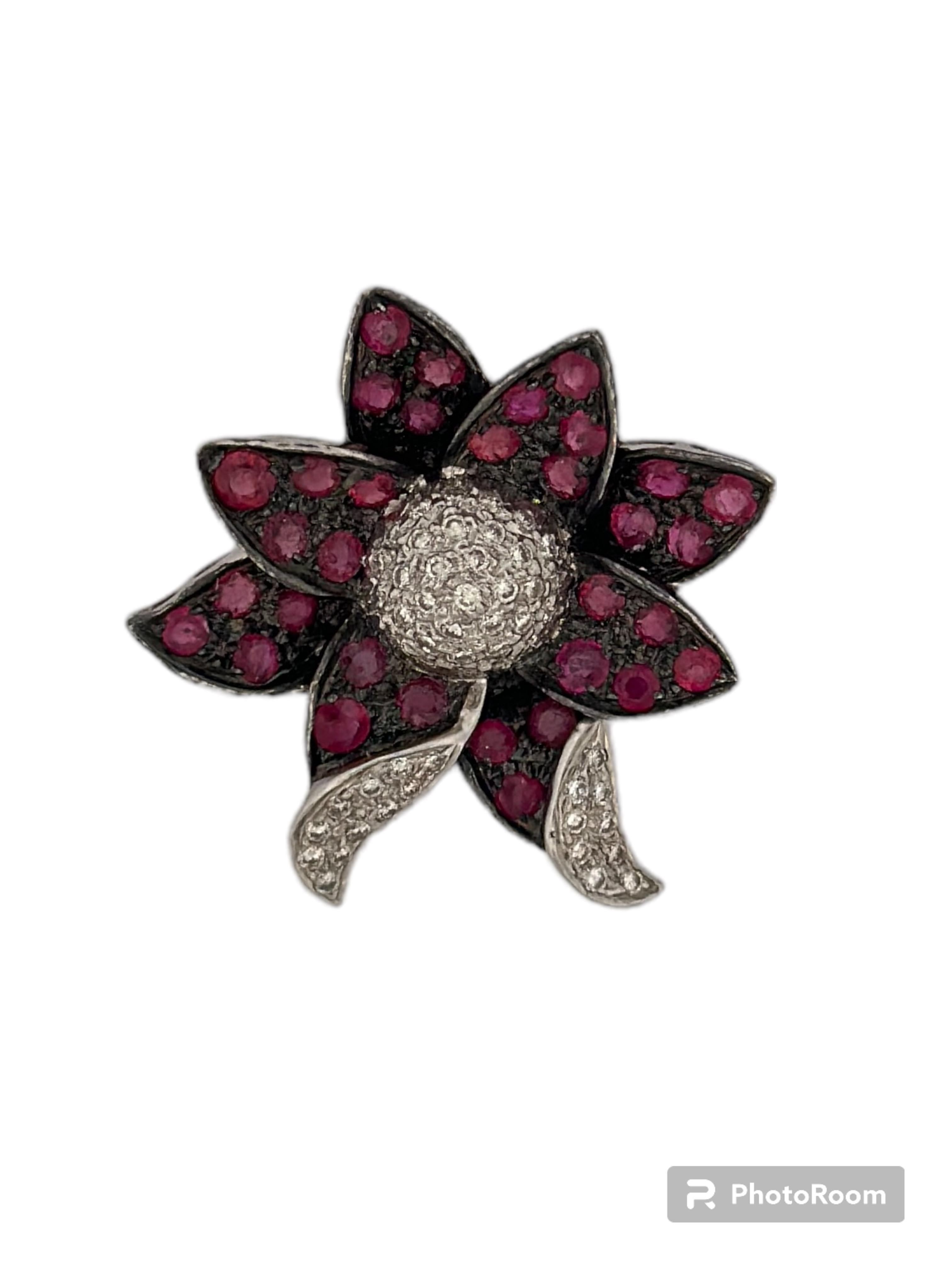 Retro Flower Shaped Red Ruby And White Diamond Pendant For Sale