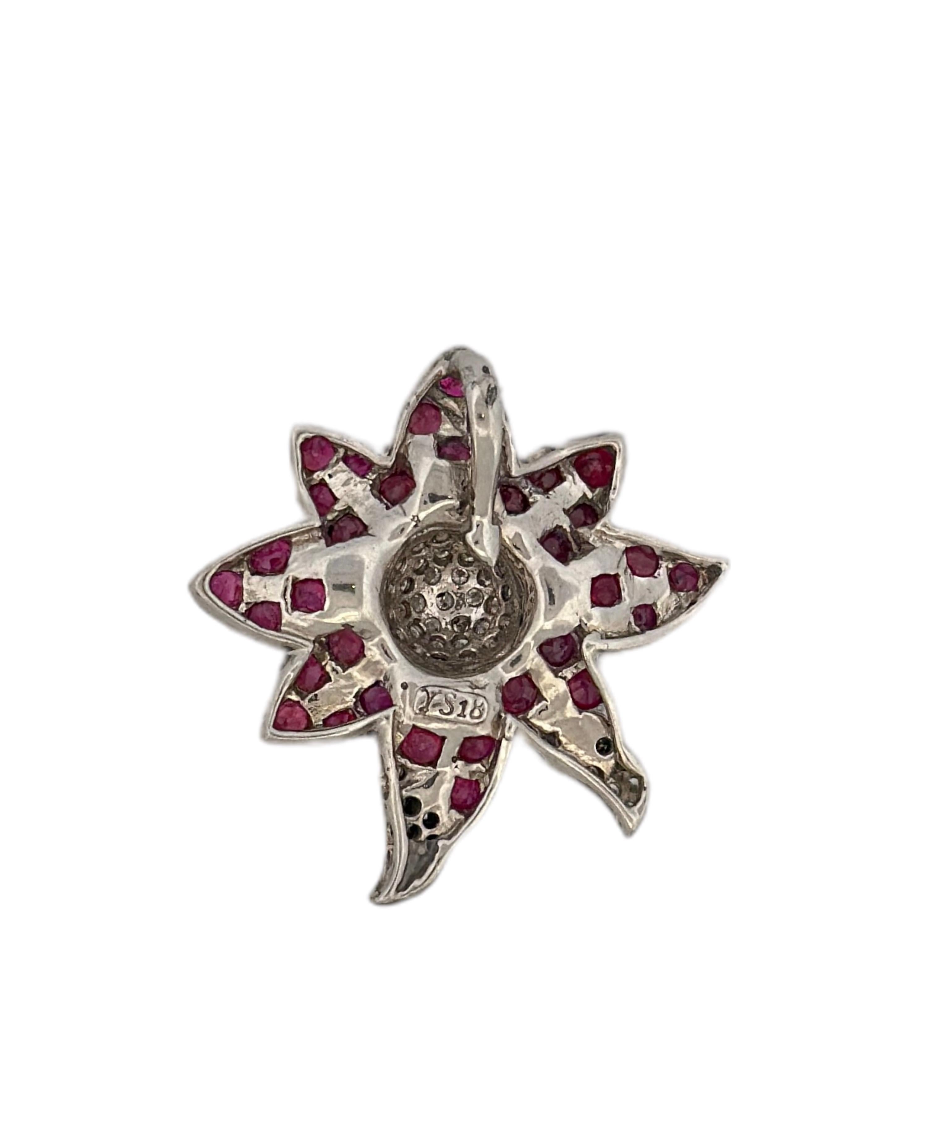 Round Cut Flower Shaped Red Ruby And White Diamond Pendant For Sale