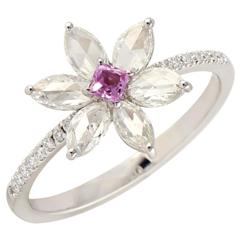 Flower Shaped Ring with Sapphire and Diamond Made in 18k White Gold For