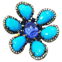 Flower-Shaped Ring with Turquoise Diamonds
