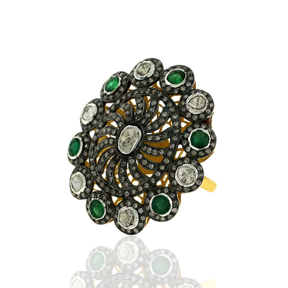 Rose Cut Flower Shaped Round Ring in 18k Gold with Diamonds & Emerald Stones For Sale