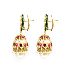 Flower-Shaped Ruby and Un-cut Diamond Jhumki Earrings 0689
