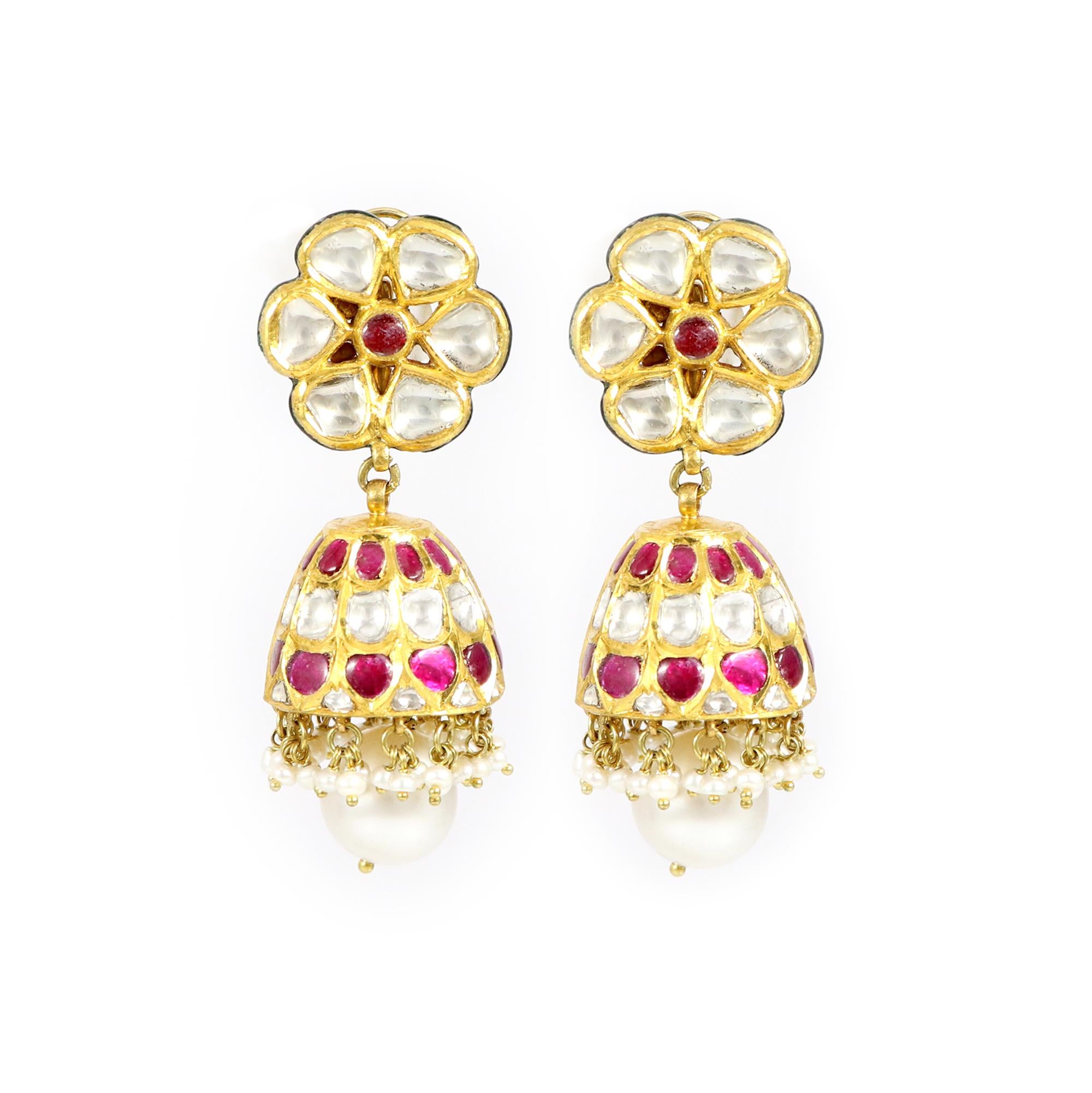 Artist Flower-Shaped Ruby and Un-cut Diamond Jhumki Earrings 0689 For Sale