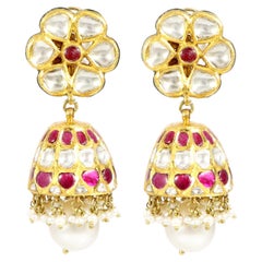 Flower-Shaped Ruby and Un-cut Diamond Jhumki Earrings 0689