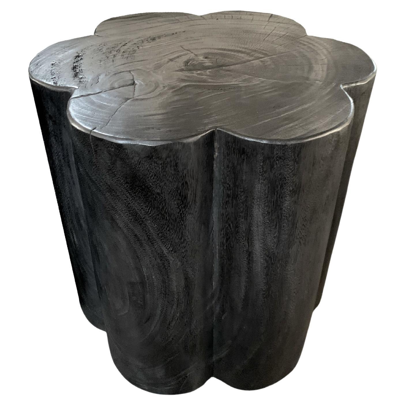 Flower Shaped Side Table Solid Mango Wood Burnt Finish Modern Organic For Sale
