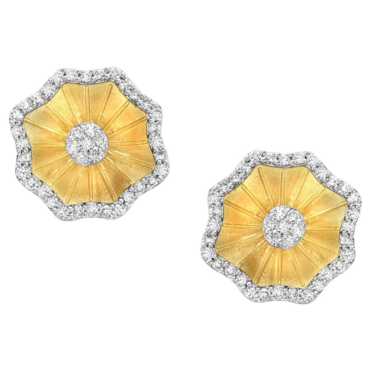 Flower Shaped Stud Earrings in 14k Yellow Gold with Diamonds on Edge & Center