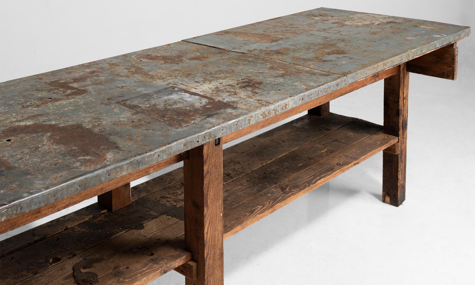 Zinc Top Flower Shop Table, France circa 1920

Primitive work table with zinc top on pine base.