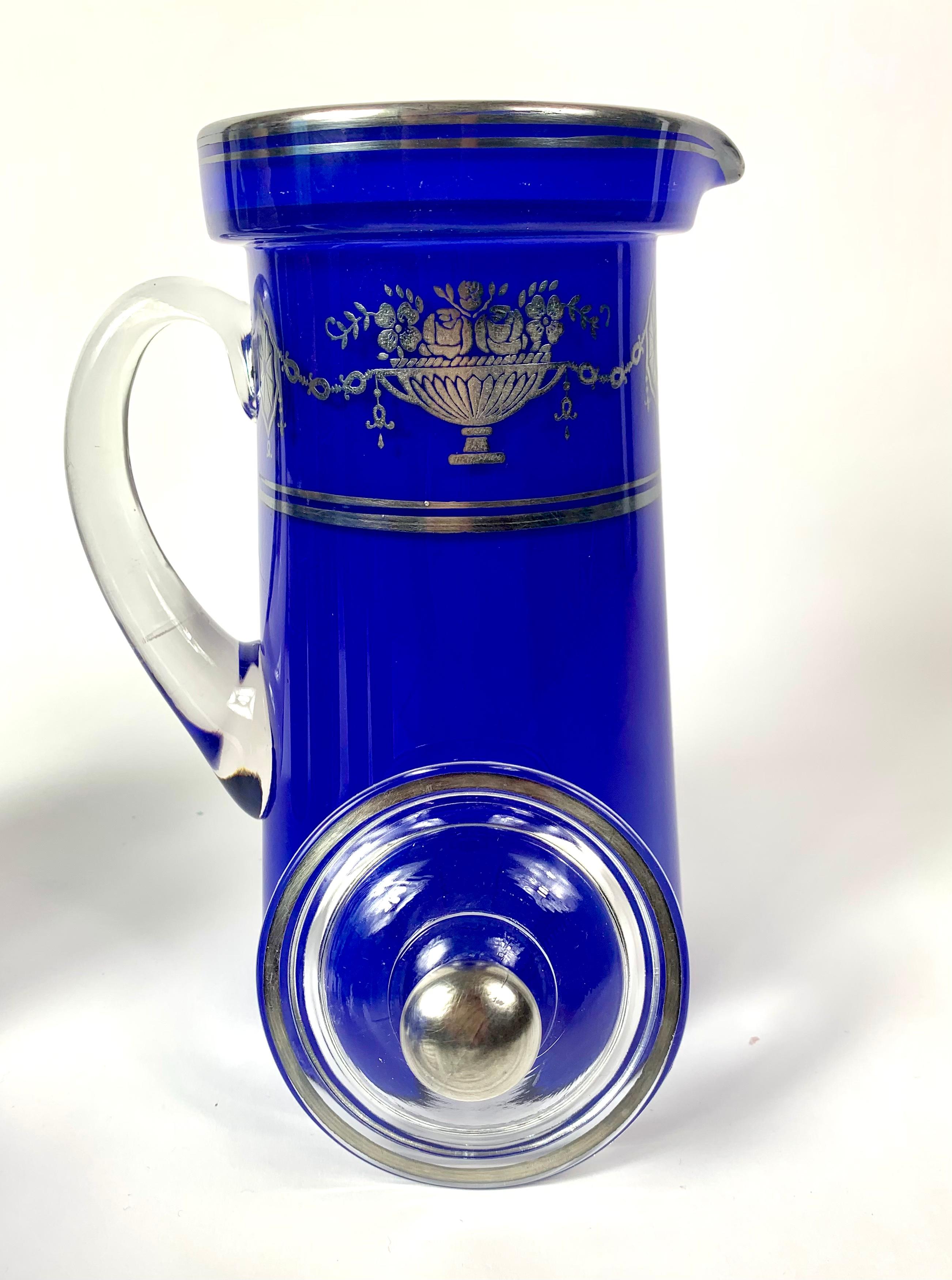 20th Century Flower Silver Overlay Colbalt Blue Lemonade Set Pitcher and Five Glasses