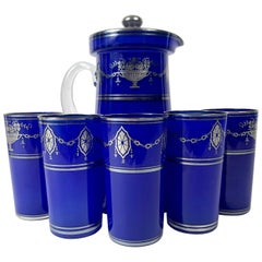 Flower Silver Overlay Colbalt Blue Lemonade Set Pitcher and Five Glasses