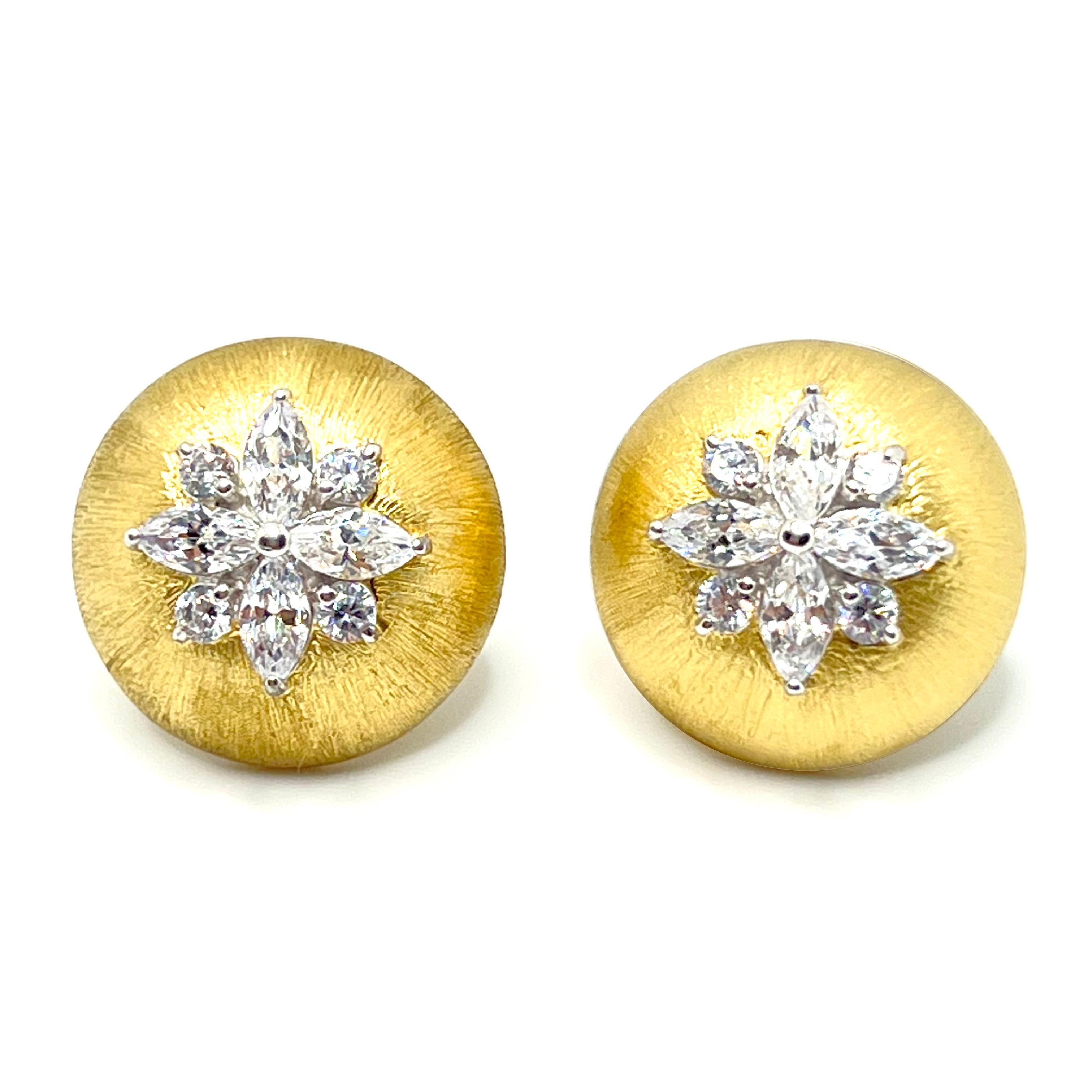 Hand-engraved Simulated Diamond Round Button Vermeil Clip-on Earrings 1