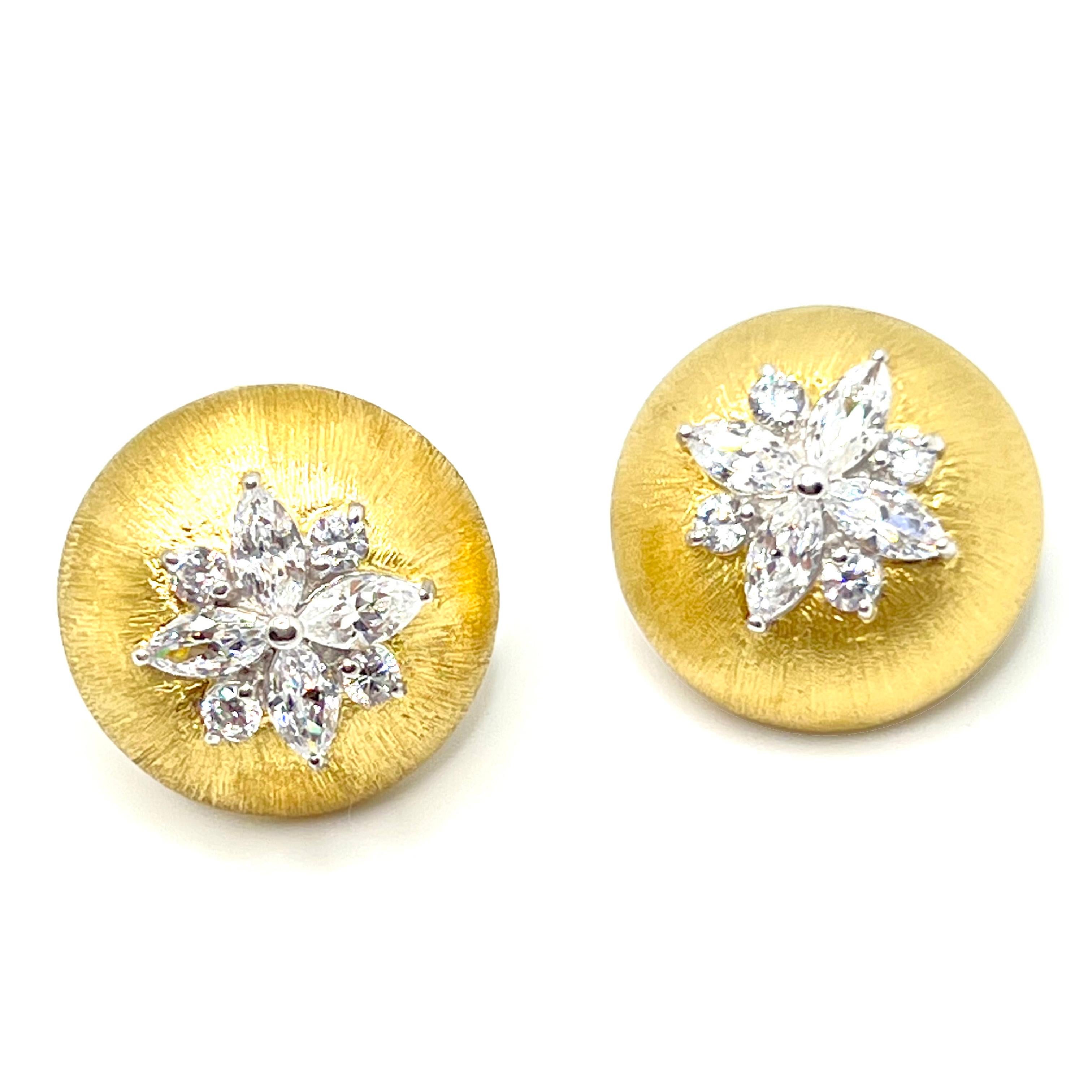 Bijoux Num's Flower Simulated Diamond Vermeil Round Button Clip-on Earrings

The earrings features top quality marquis and round simulated diamonds, handset in 18k gold vermeil sterling silver, hand-engraved streaking technique.  Very comfortable