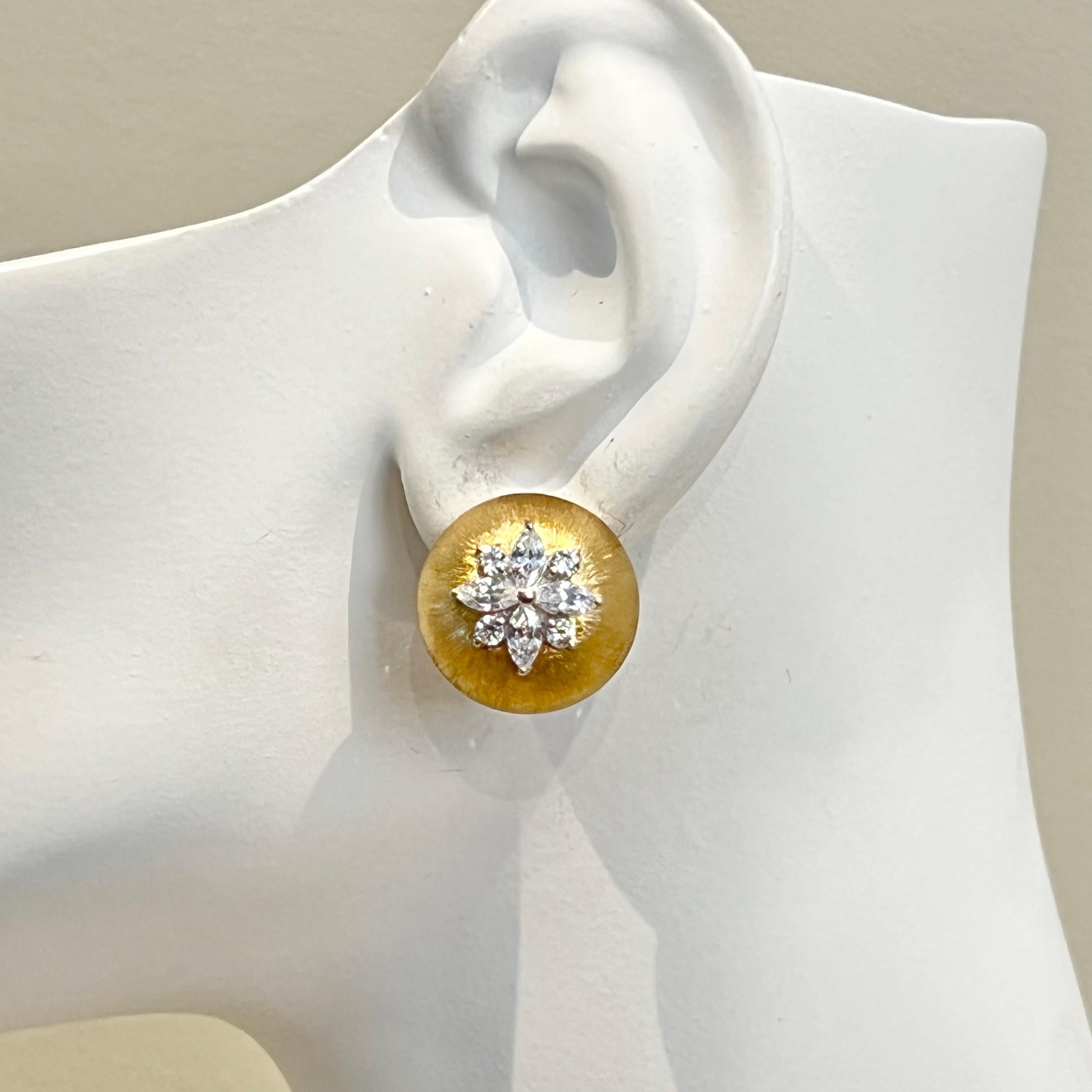 Contemporary Hand-engraved Simulated Diamond Round Button Vermeil Clip-on Earrings