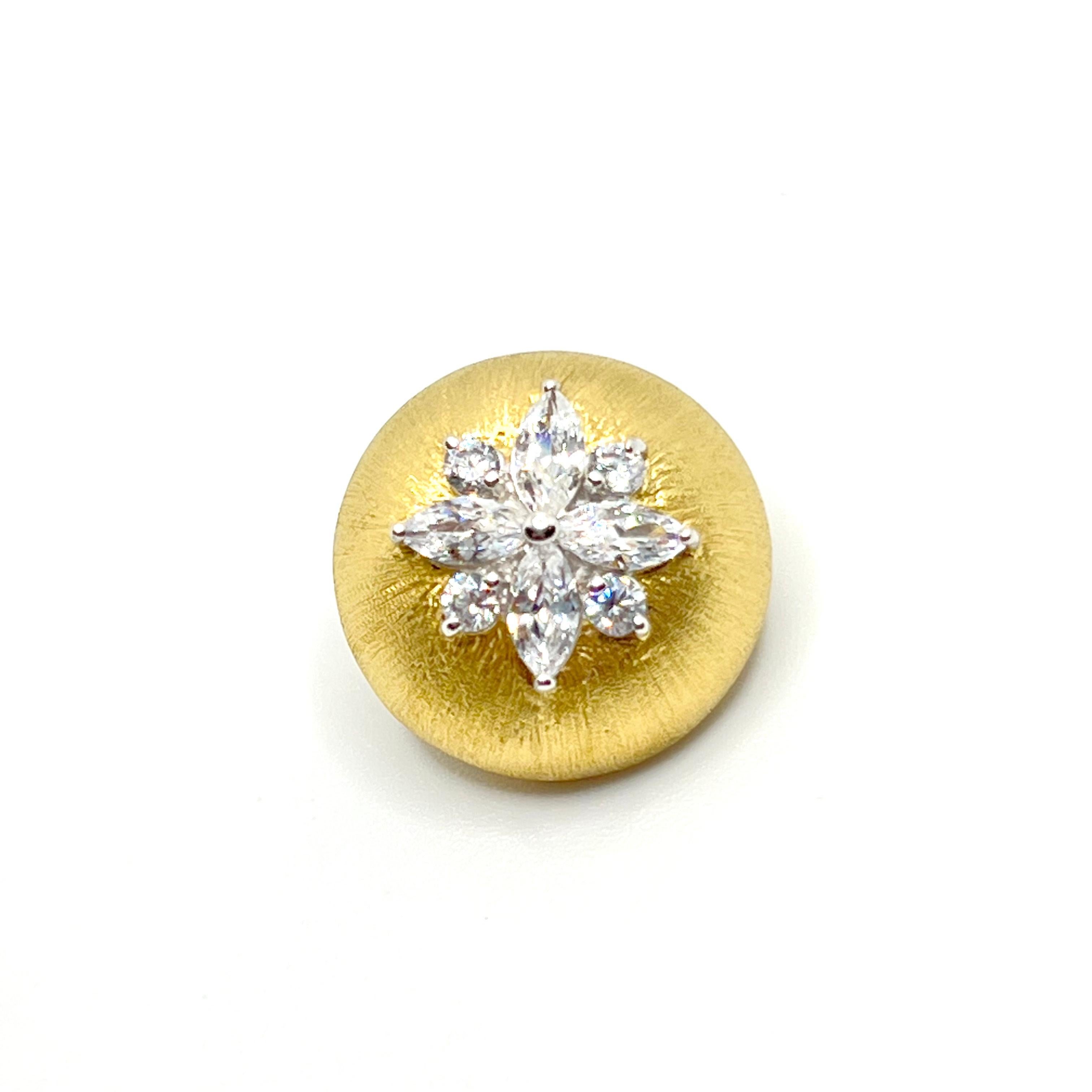Hand-engraved Simulated Diamond Round Button Vermeil Clip-on Earrings In New Condition In Los Angeles, CA