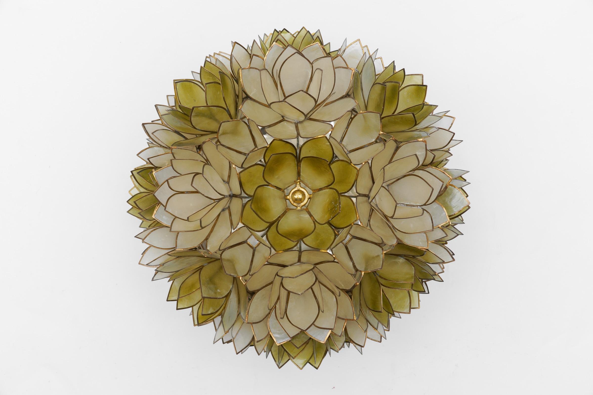 German Flower Spherical Wall or Ceiling Lamps Made of Mother-of-Pearl in Green, 1960s For Sale