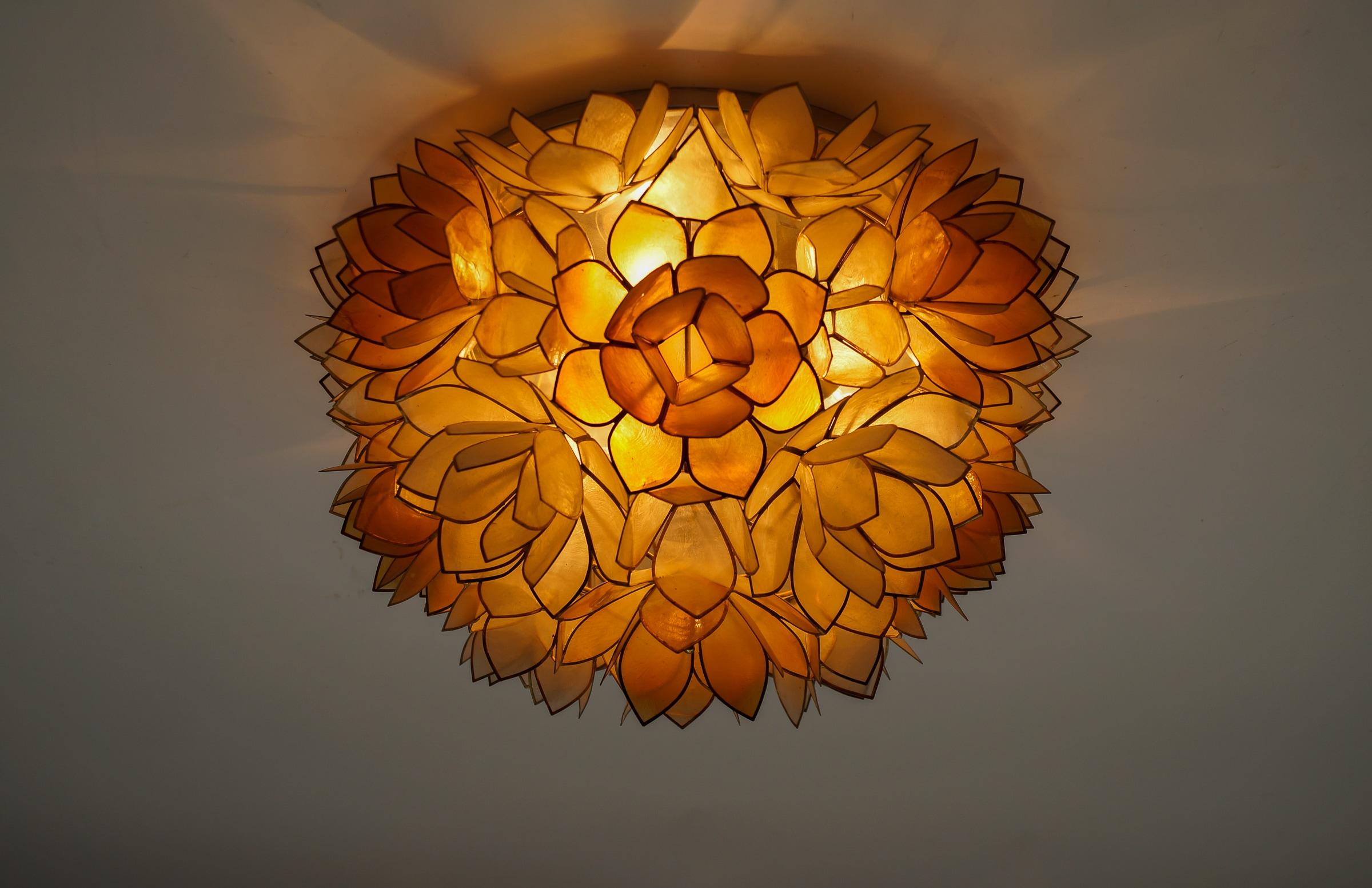 Aluminum Flower Spherical Wall or Ceiling Lamps Made of Mother-of-Pearl in Orange, 1960s For Sale