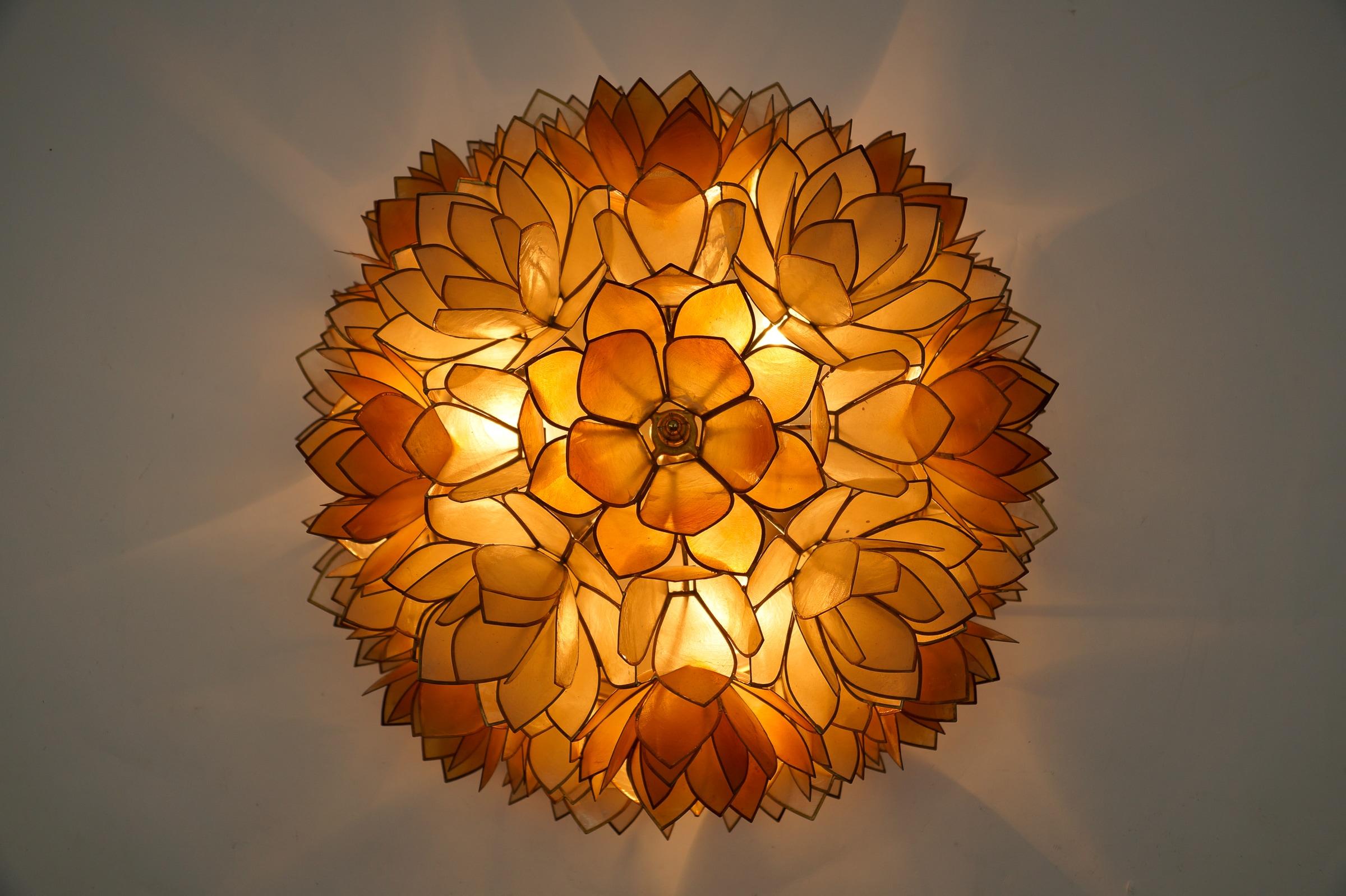 Flower Spherical Wall or Ceiling Lamps Made of Mother-of-Pearl in Orange, 1960s For Sale 2