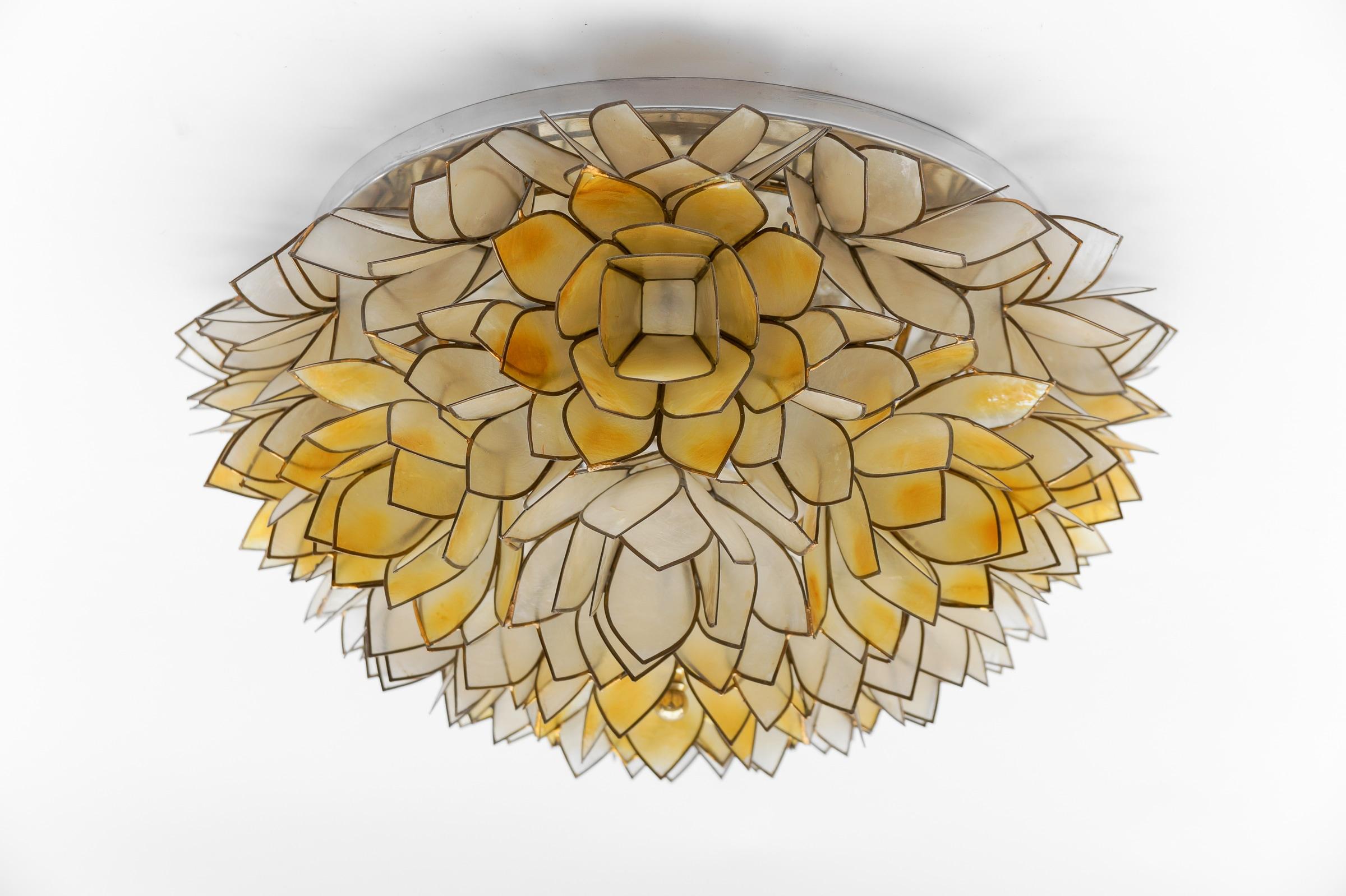 Hollywood Regency Flower Spherical Wall or Ceiling Lamps Made of Mother-of-Pearl in Yellow, 1960s For Sale