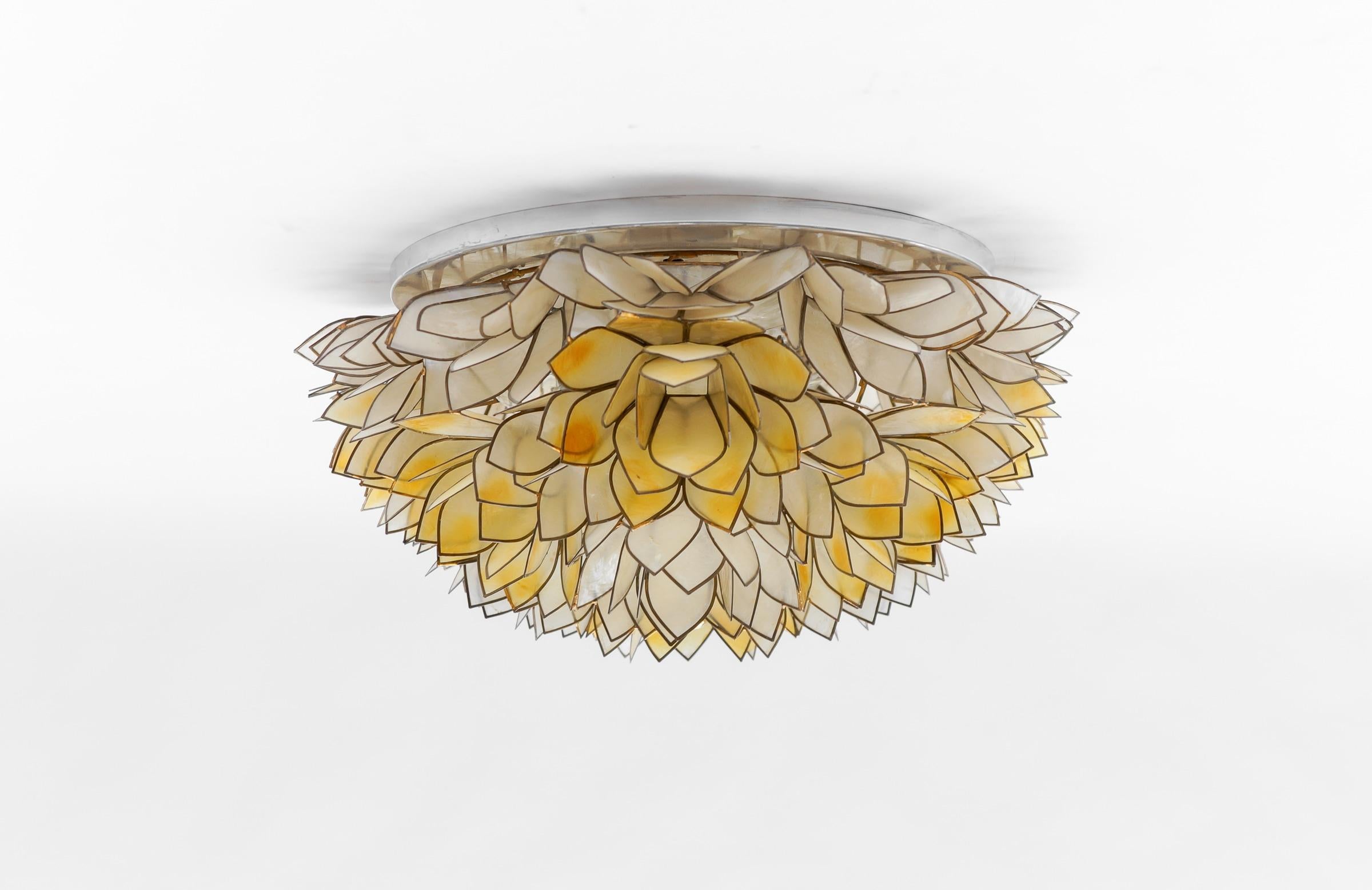 German Flower Spherical Wall or Ceiling Lamps Made of Mother-of-Pearl in Yellow, 1960s For Sale