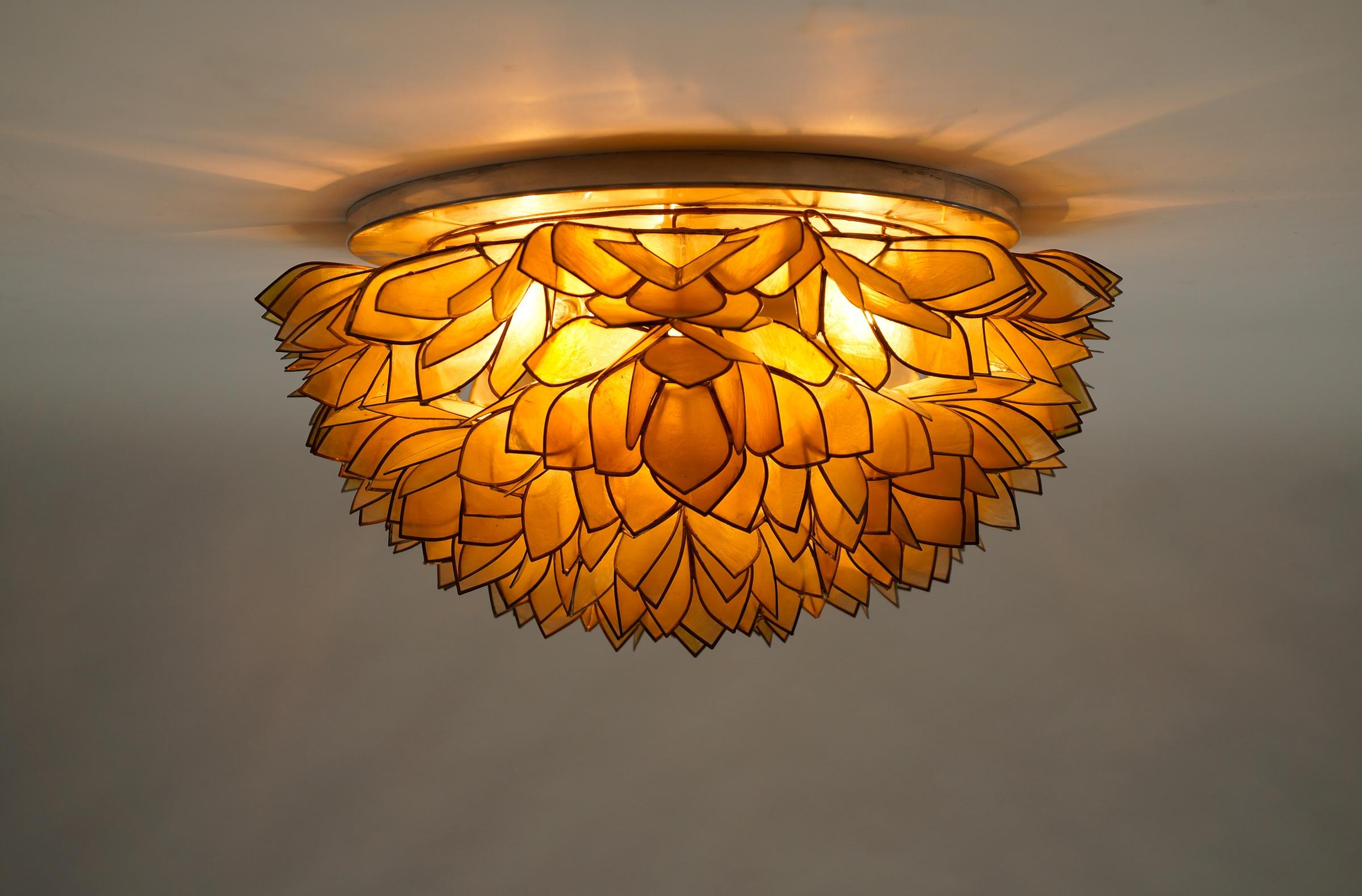 Aluminum Flower Spherical Wall or Ceiling Lamps Made of Mother-of-Pearl in Yellow, 1960s For Sale