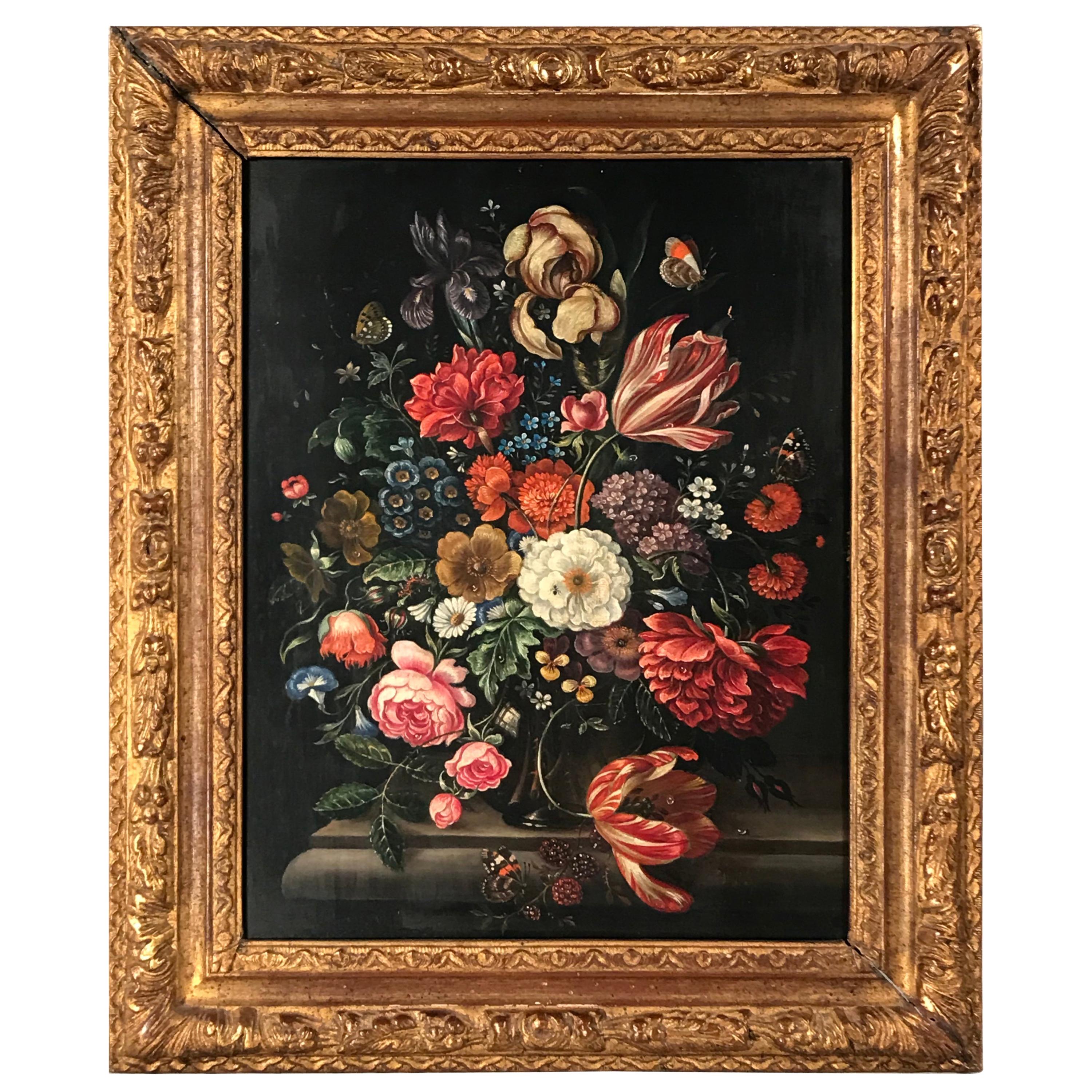 Flower Still Life, Oil Painting, Belgium, Mid-19th Century